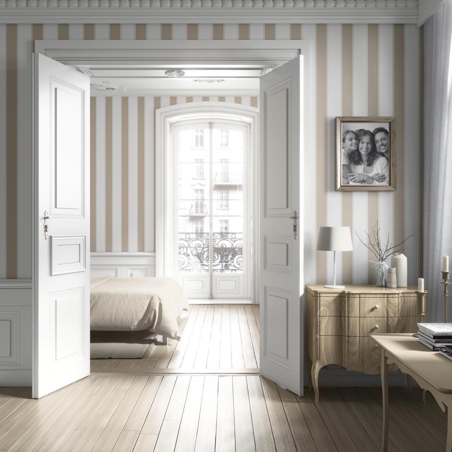 Neutral Geometric Striped Nursery Wallpaper Sample (Stone Beige/ White)