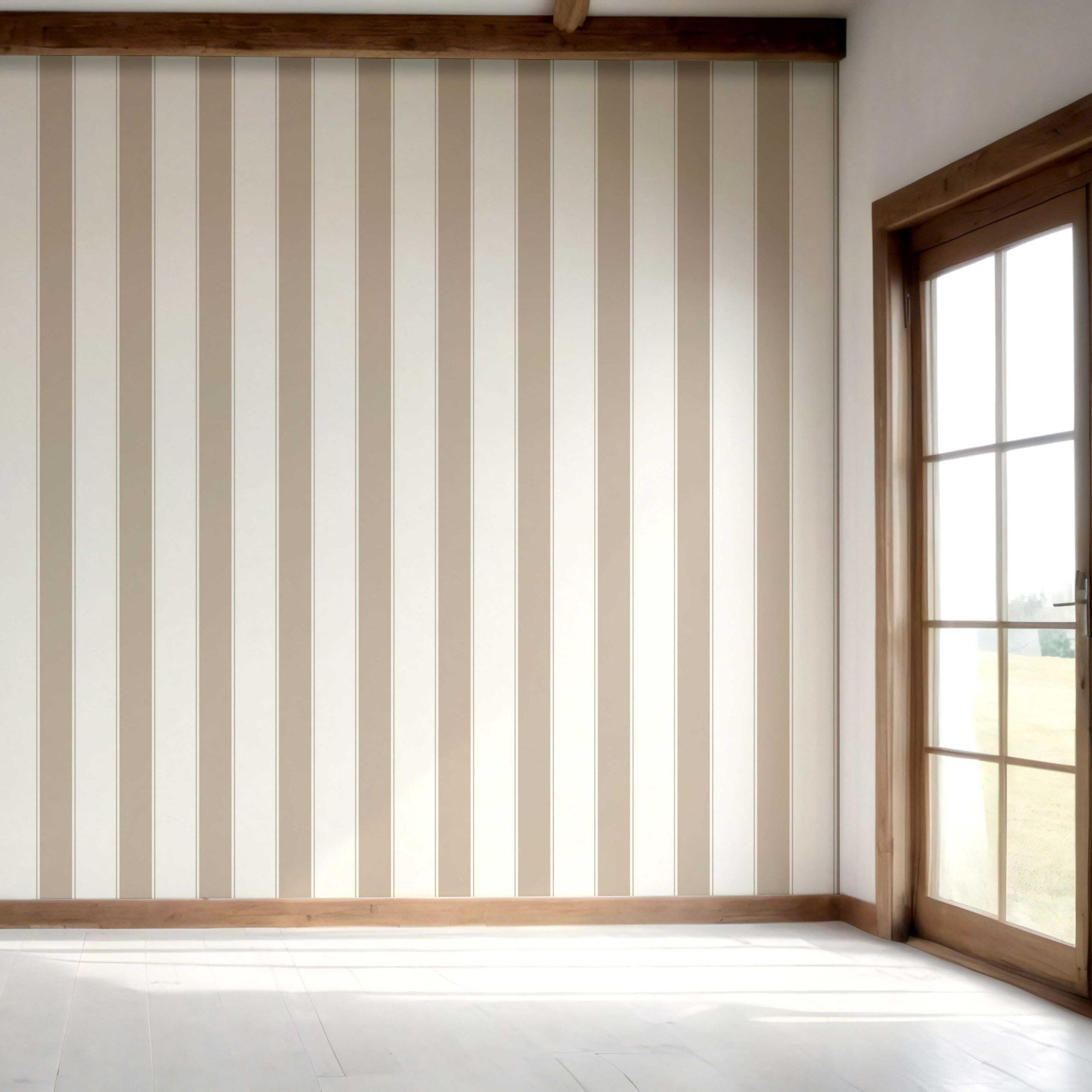 Neutral Geometric Striped Bedroom Wallpaper Sample (Stone Beige/ White)