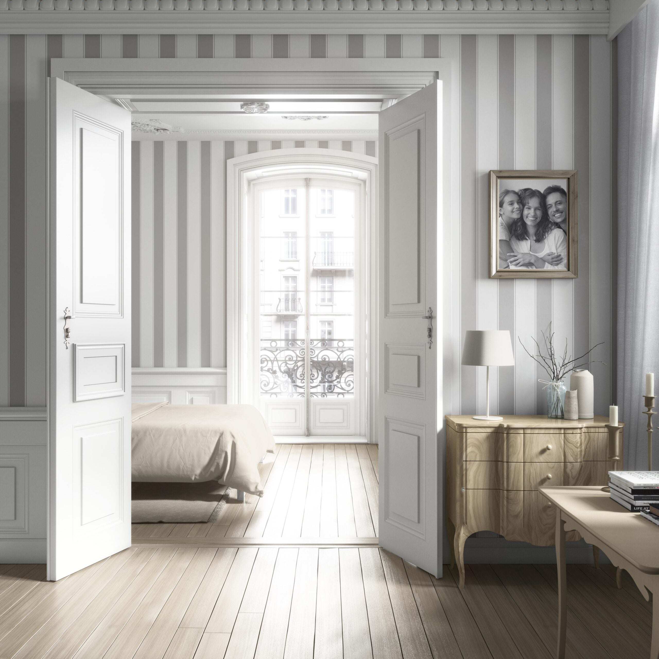 Neutral Geometric Striped Nursery Wallpaper Sample (Gray/ White)