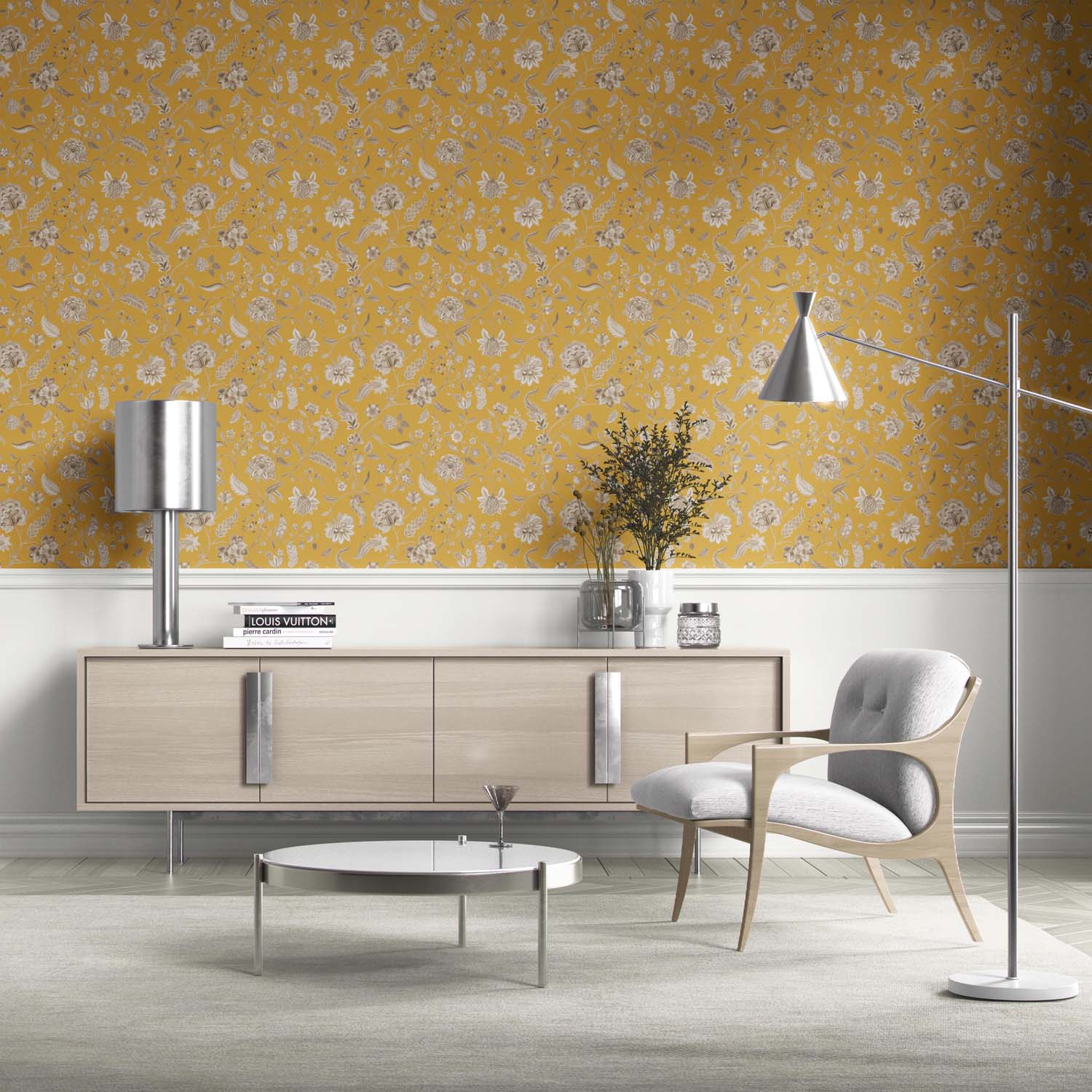 Floral Botanical Patterned Kitchen Wallpaper Sample (Yellow/ Beige)