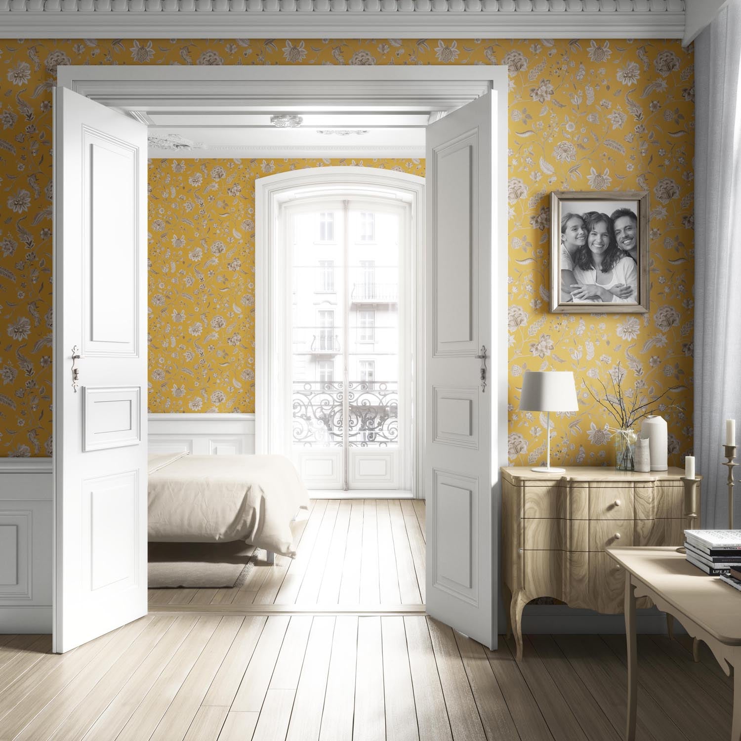 Floral Botanical Patterned Living Room Wallpaper Sample (Yellow/ Beige)