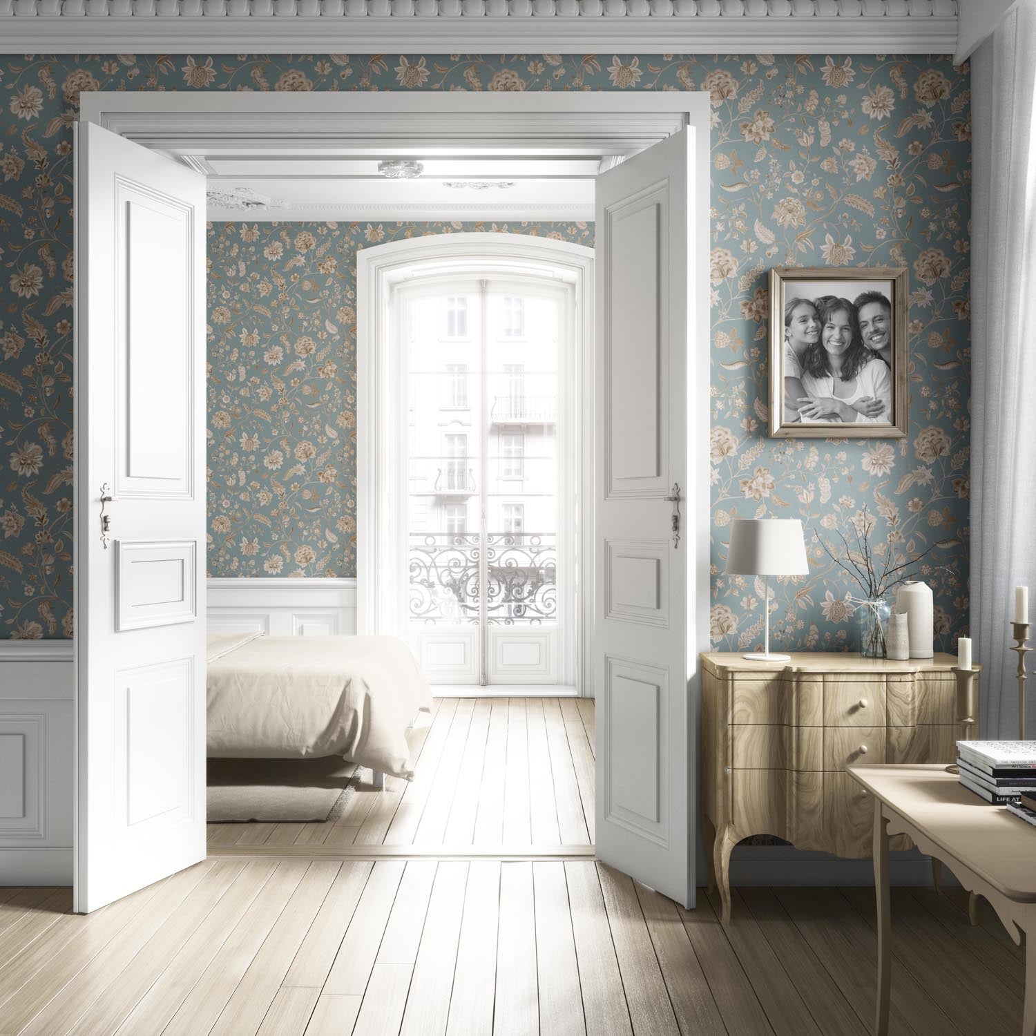 Floral Botanical Patterned Living Room Wallpaper Sample (Blue-Gray/ Beige)