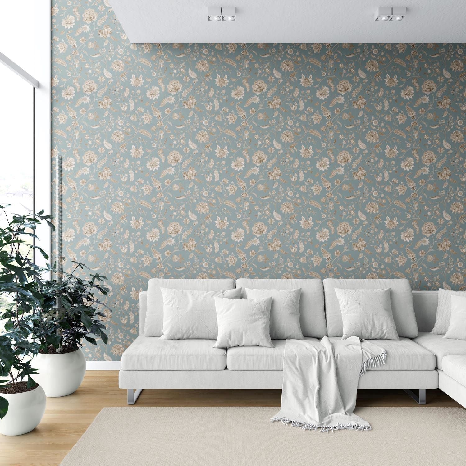 Floral Botanical Patterned Shower Toilet Wallpaper Sample (Blue-Gray/ Beige)