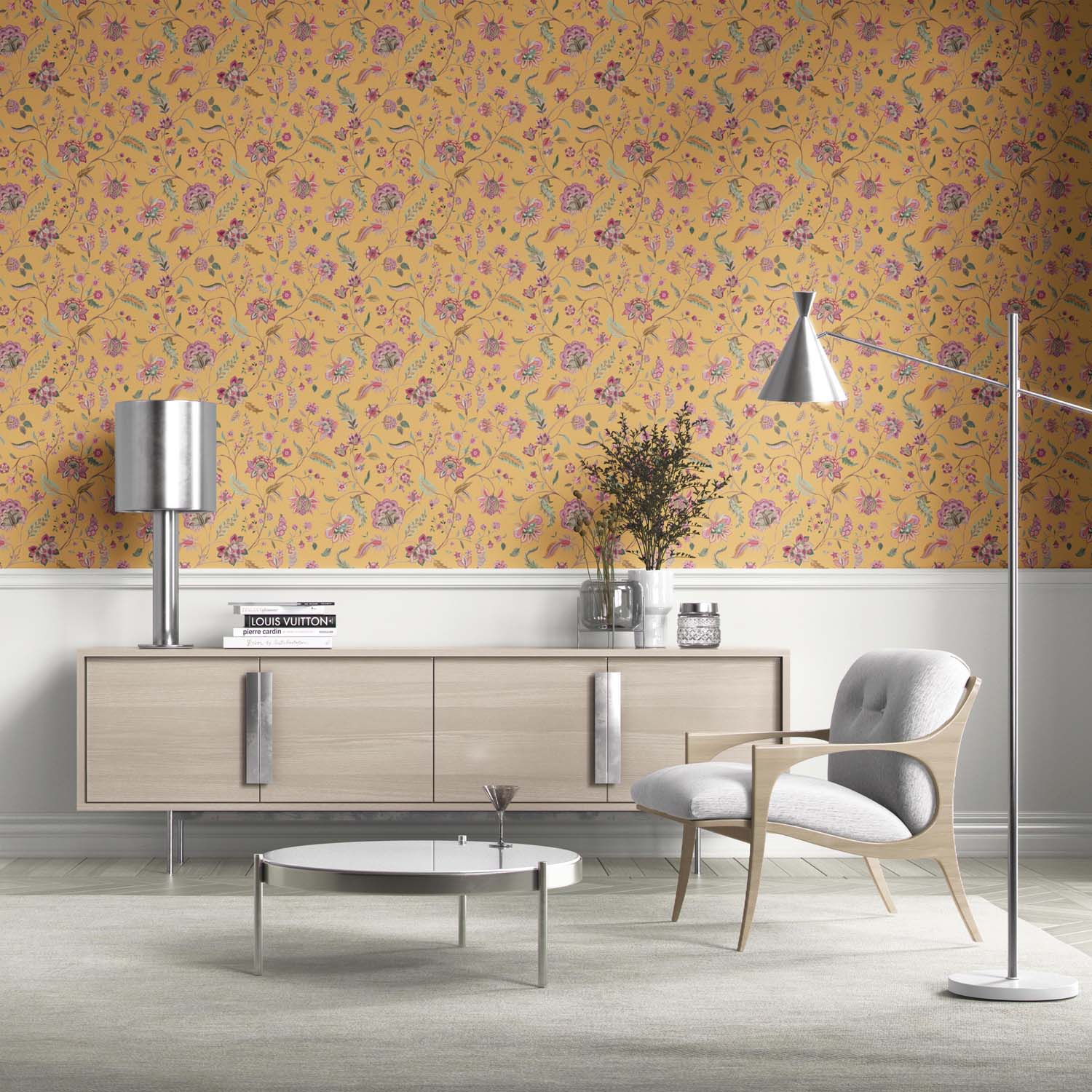 Floral Botanical Patterned Kitchen Wallpaper Sample (Yellow/ Pink/ Green)