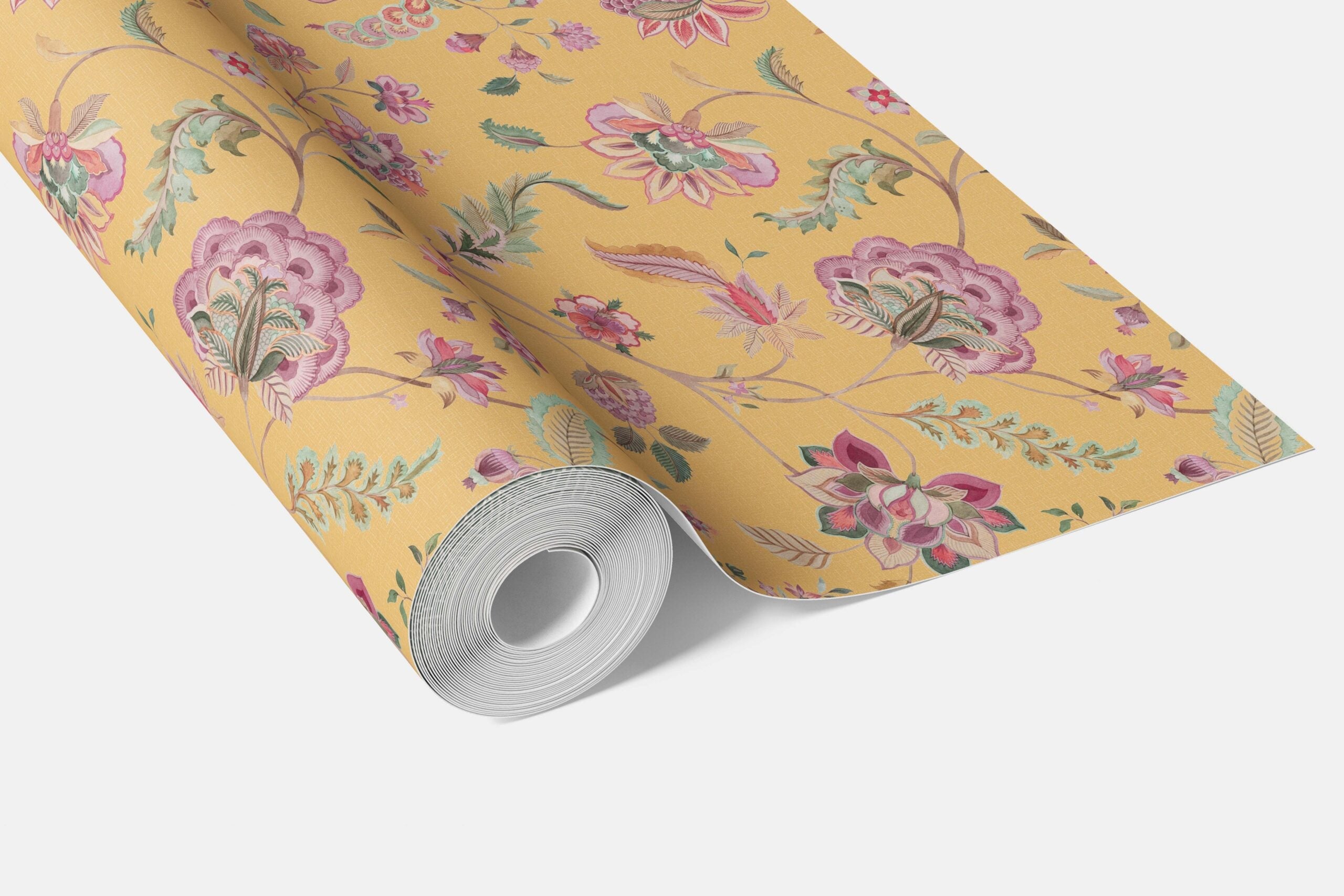 Floral Botanical Patterned Bathroom Wallpaper Sample (Yellow/ Pink/ Green)