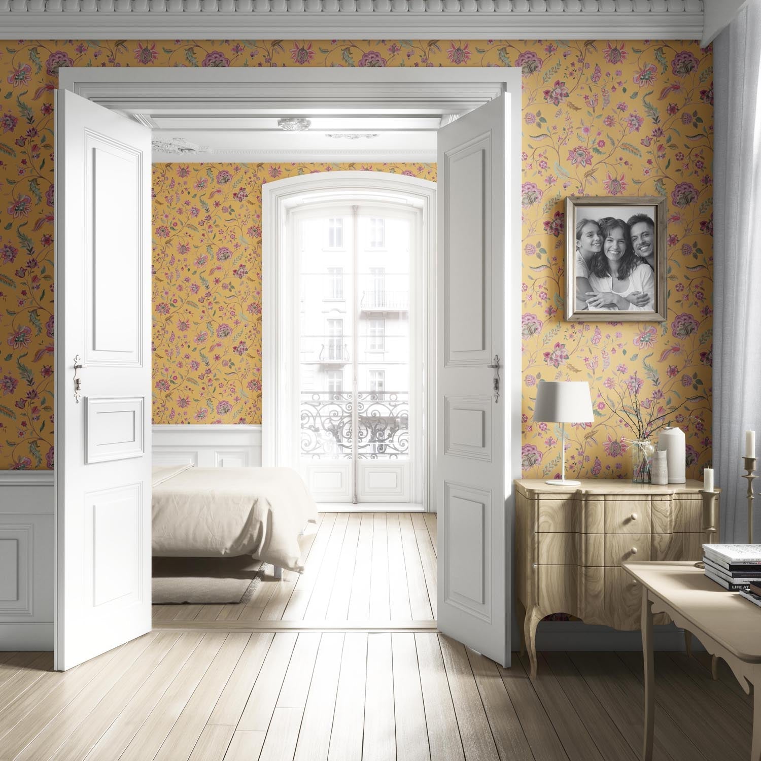 Floral Botanical Patterned Living Room Wallpaper Sample (Yellow/ Pink/ Green)