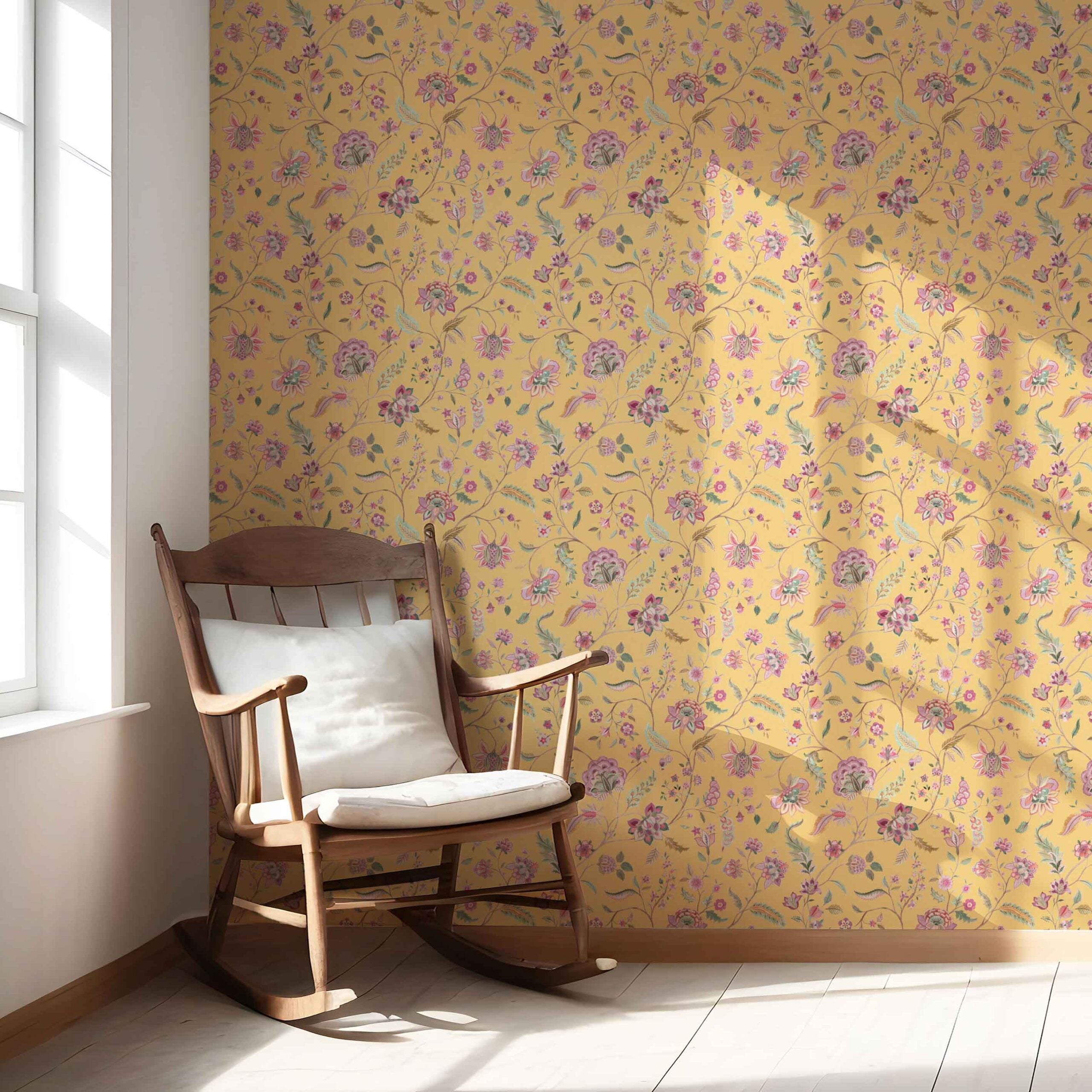 Floral Botanical Patterned Nursery Wallpaper Sample (Yellow/ Pink/ Green)