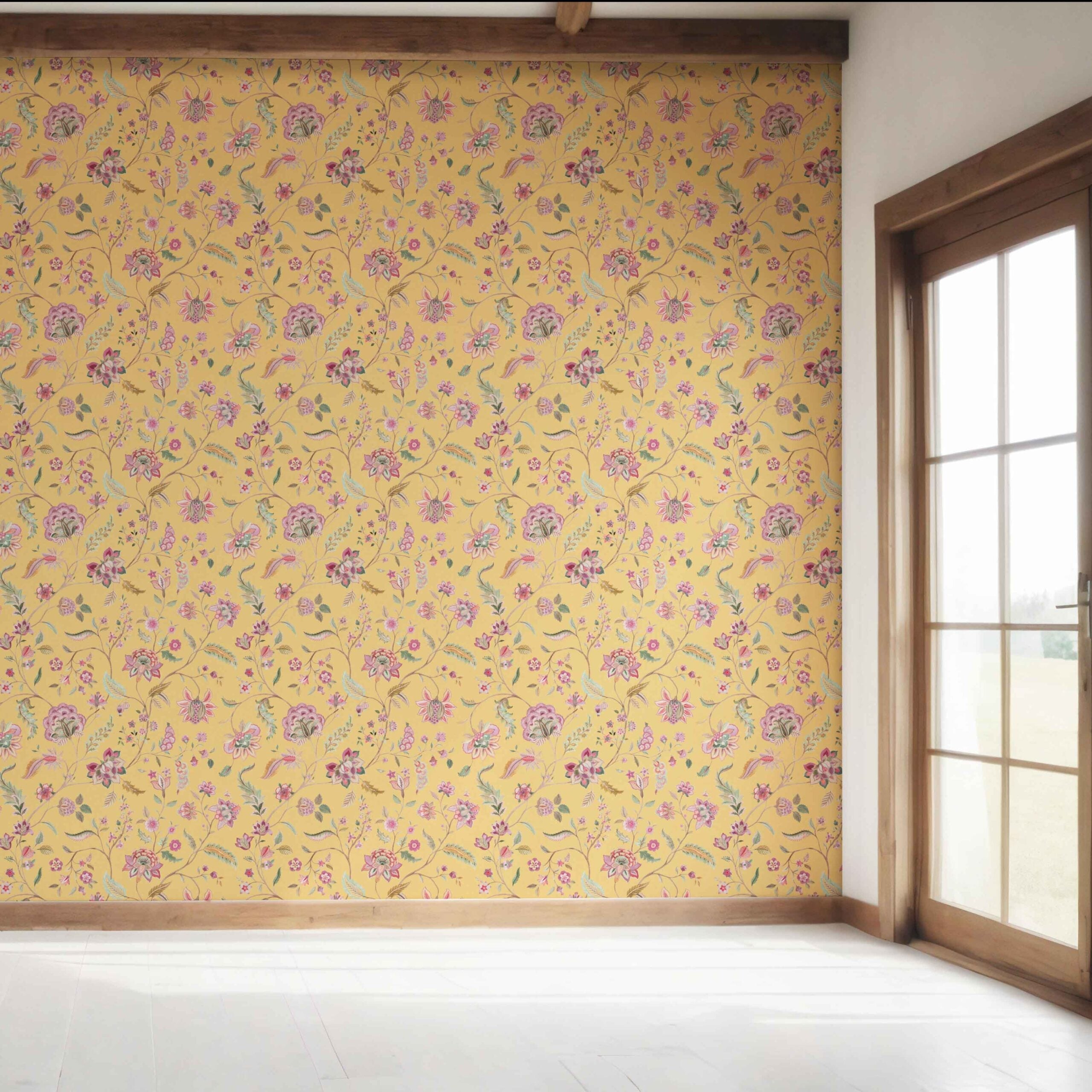 Floral Botanical Patterned Bedroom Wallpaper Sample (Yellow/ Pink/ Green)