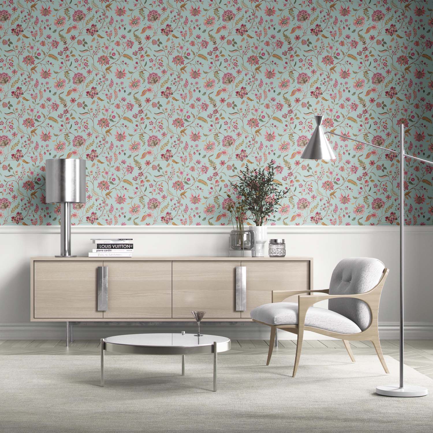 Floral Botanical Patterned Kitchen Wallpaper Sample (Blue/ Pink/ Green)