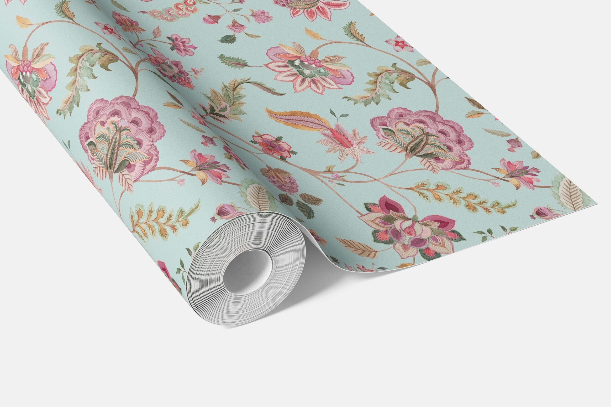 Floral Botanical Patterned Bathroom Wallpaper Sample (Blue/ Pink/ Green)