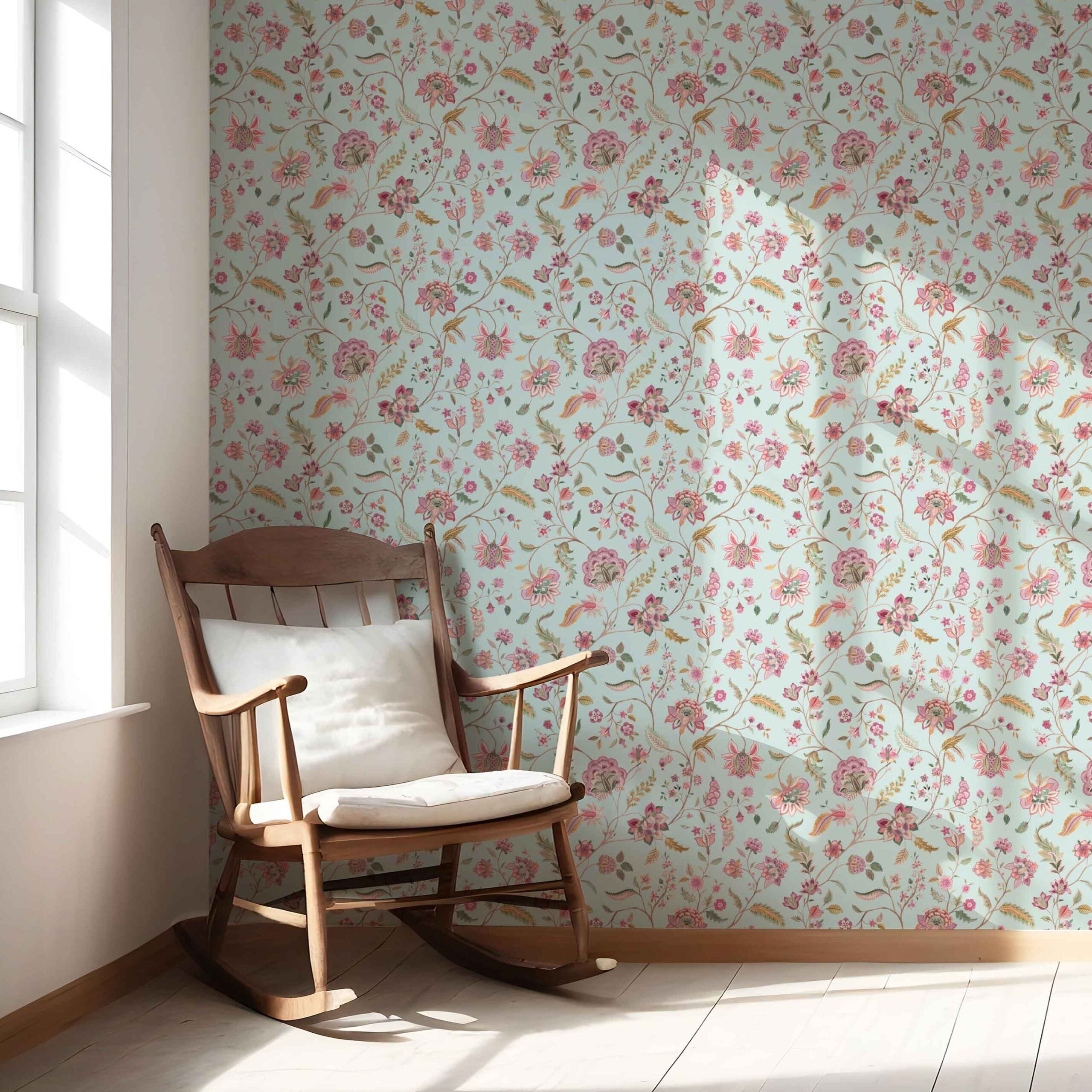 Floral Botanical Patterned Nursery Wallpaper Sample (Blue/ Pink/ Green)