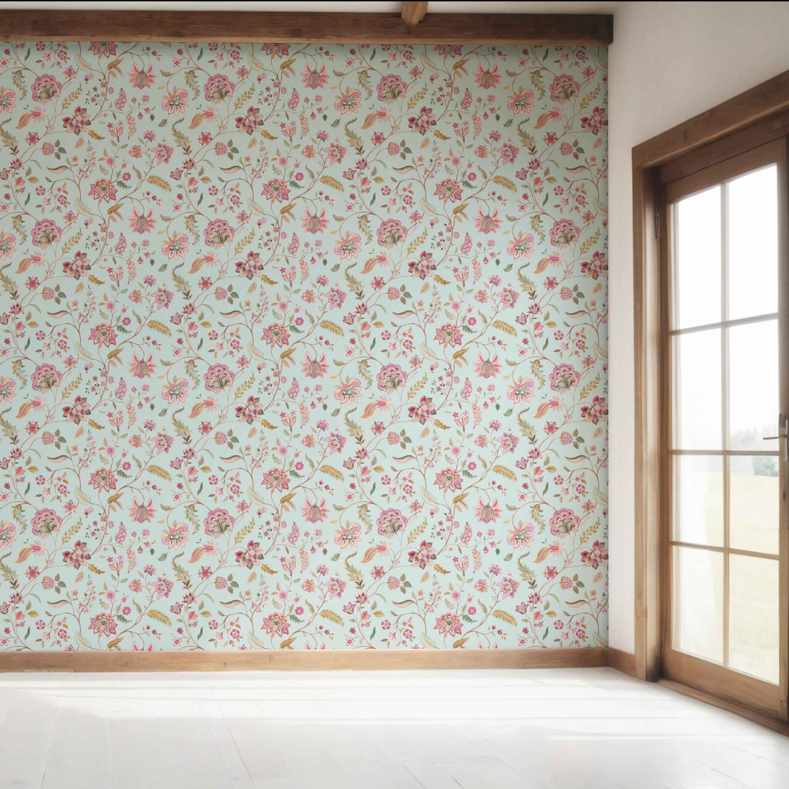 Floral Botanical Patterned Bedroom Wallpaper Sample (Blue/ Pink/ Green)