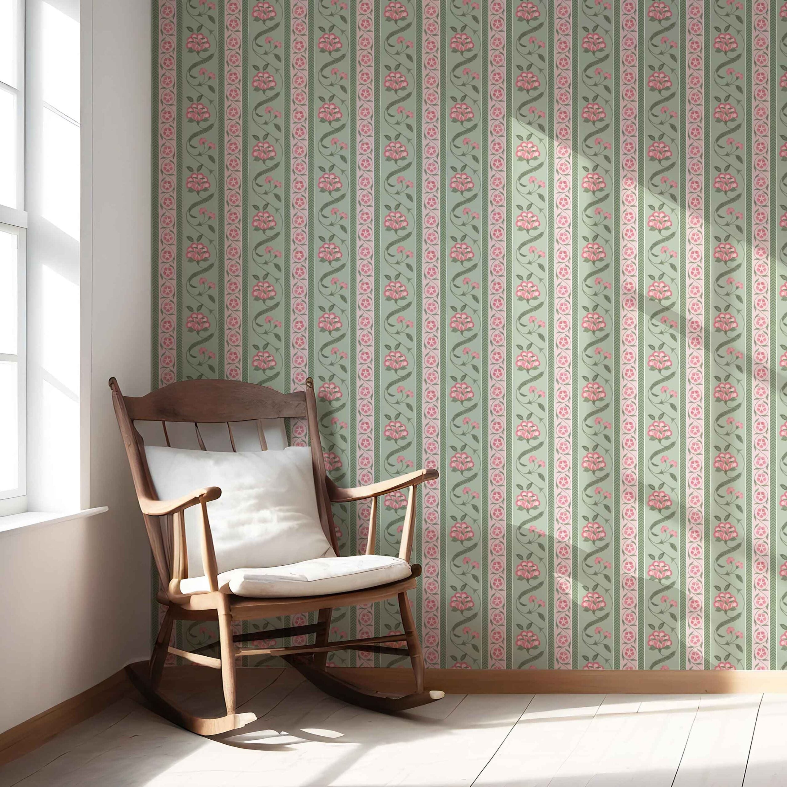 Floral Botanical Striped Kitchen Wallpaper Sample (Green/ Pink)