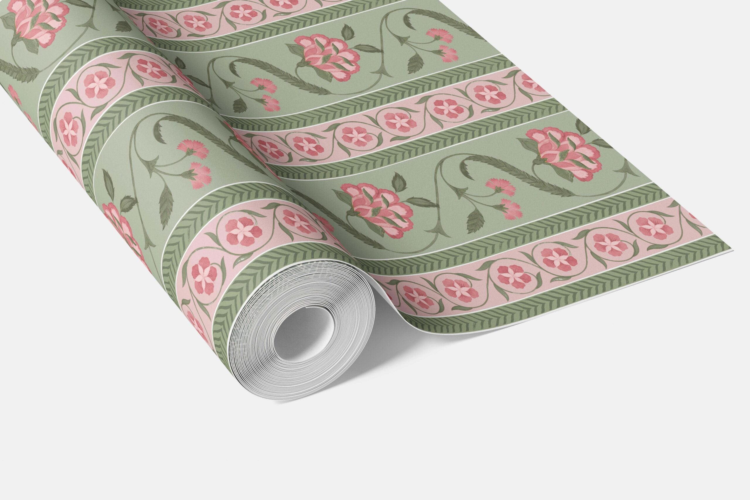 Floral Botanical Striped Bathroom Wallpaper Sample (Green/ Pink)
