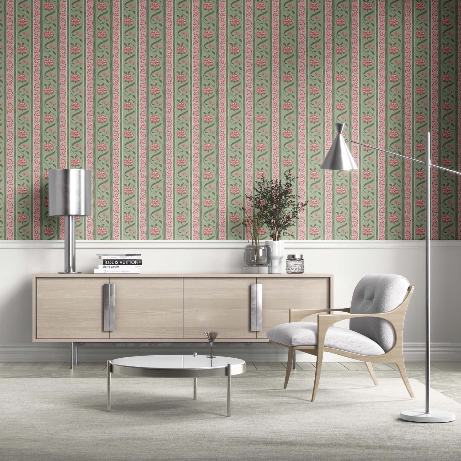 Floral Botanical Striped Nursery Wallpaper Sample (Green/ Pink)