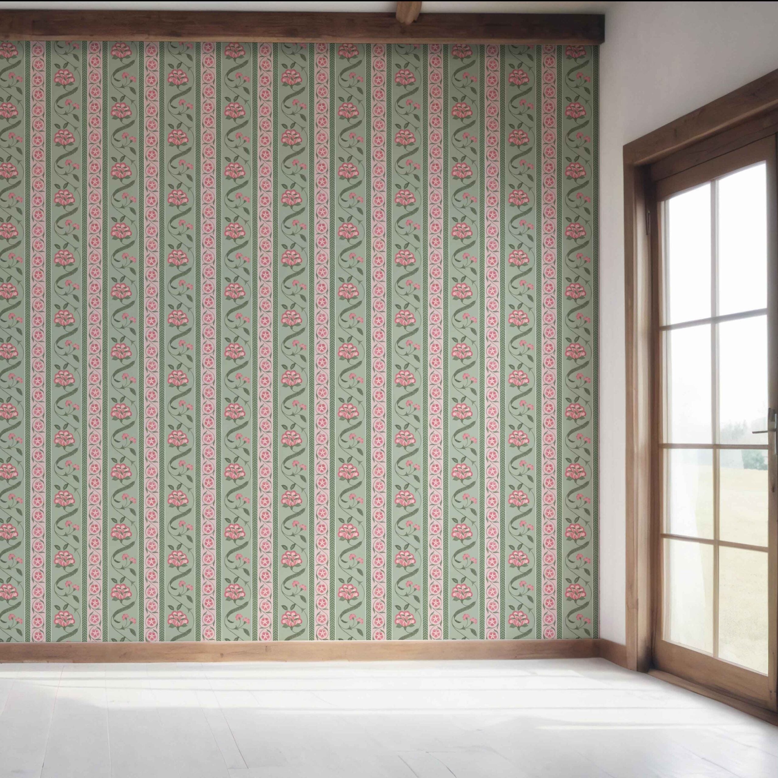 Floral Botanical Striped Bedroom Wallpaper Sample (Green/ Pink)