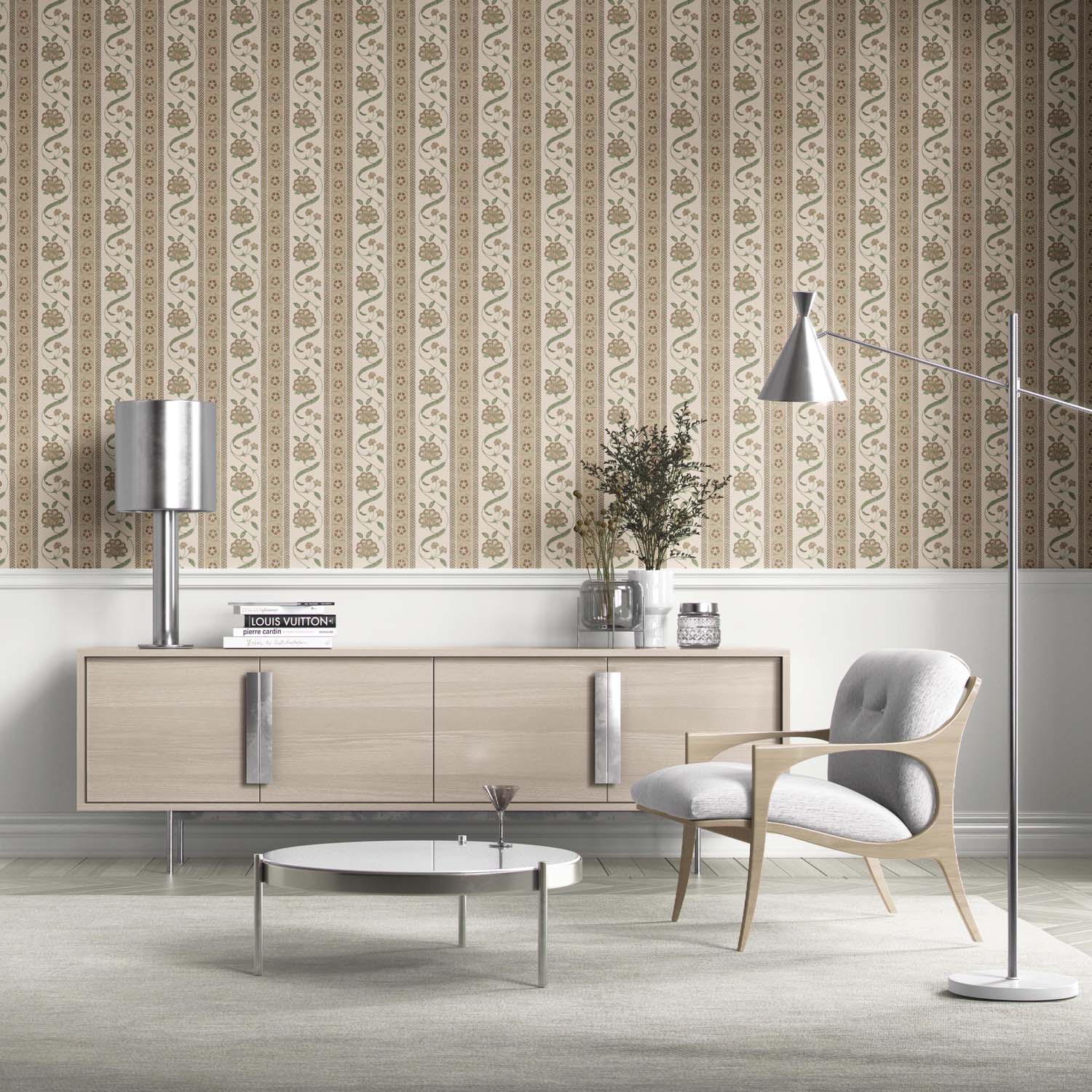 Neutral Floral Botanical Striped Kitchen Wallpaper Sample (Beige/ Brown/ Green)