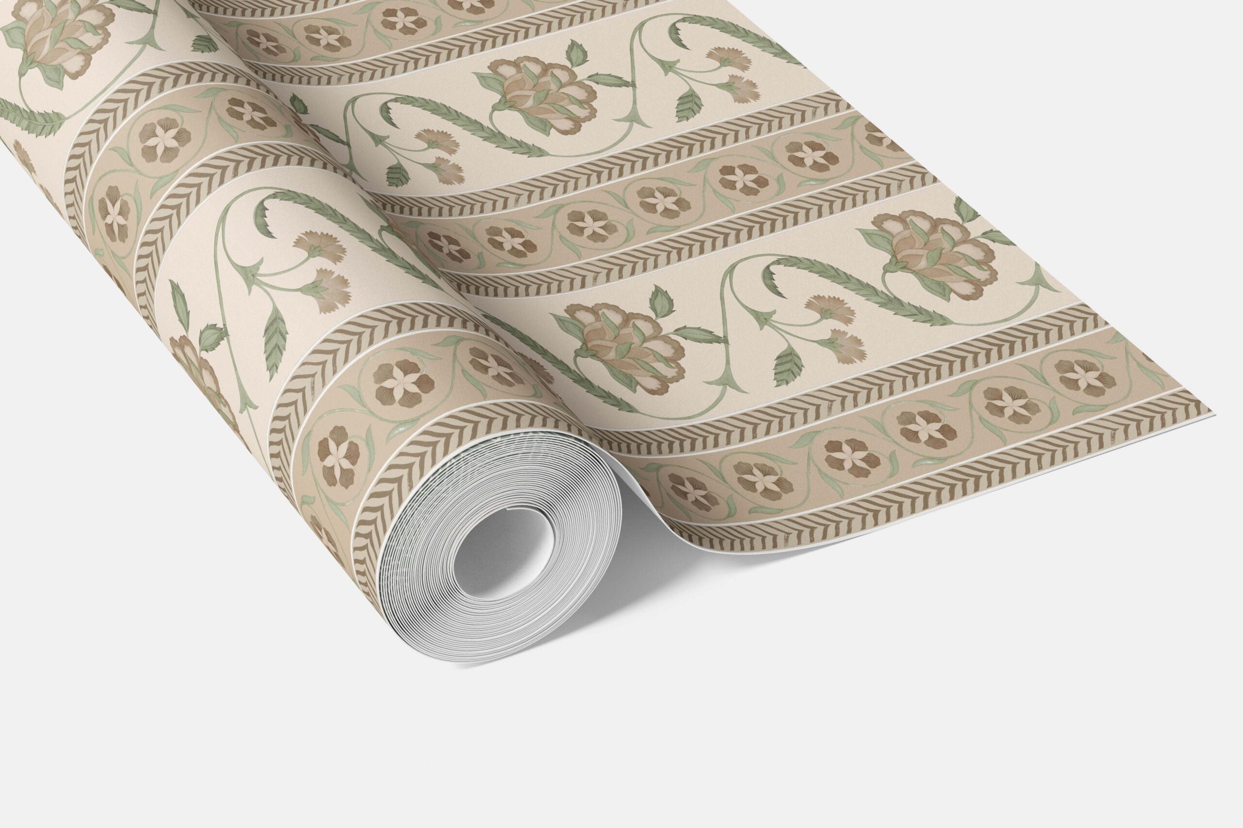 Neutral Floral Botanical Striped Bathroom Wallpaper Sample (Beige/ Brown/ Green)