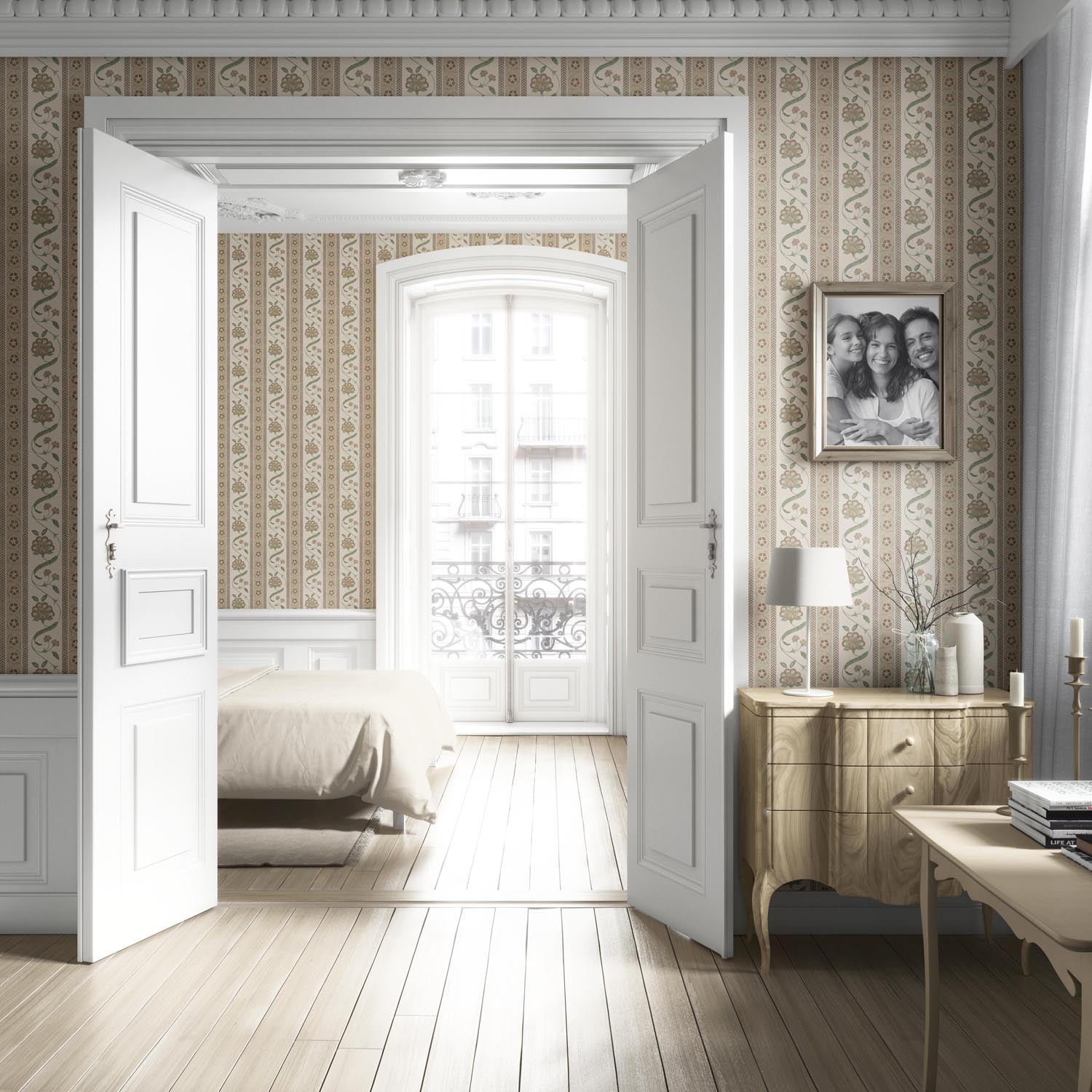 Neutral Floral Botanical Striped Living Room Wallpaper Sample (Beige/ Brown/ Green)