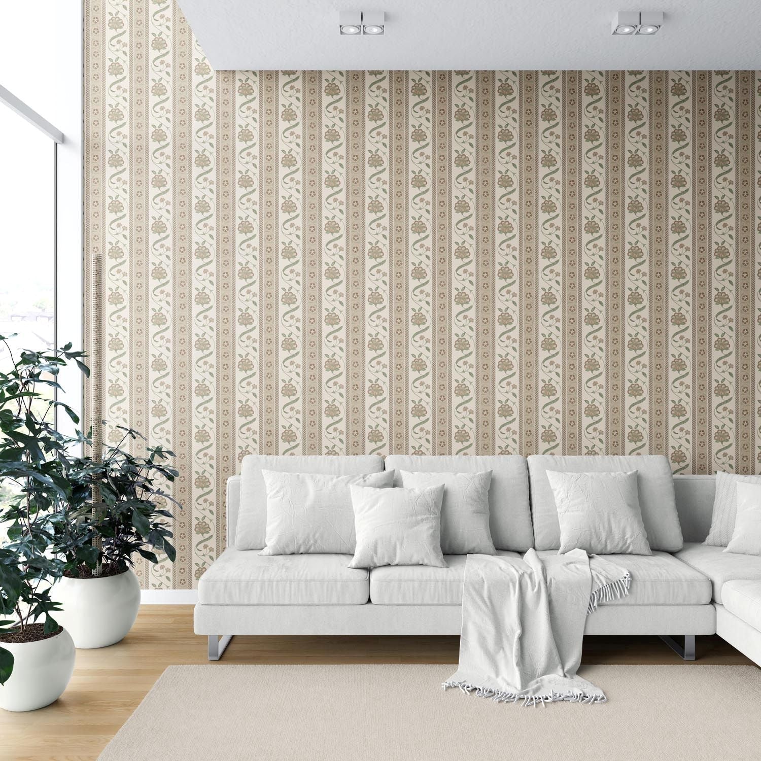 Neutral Floral Botanical Striped Shower Toilet Wallpaper Sample (Beige/ Brown/ Green)