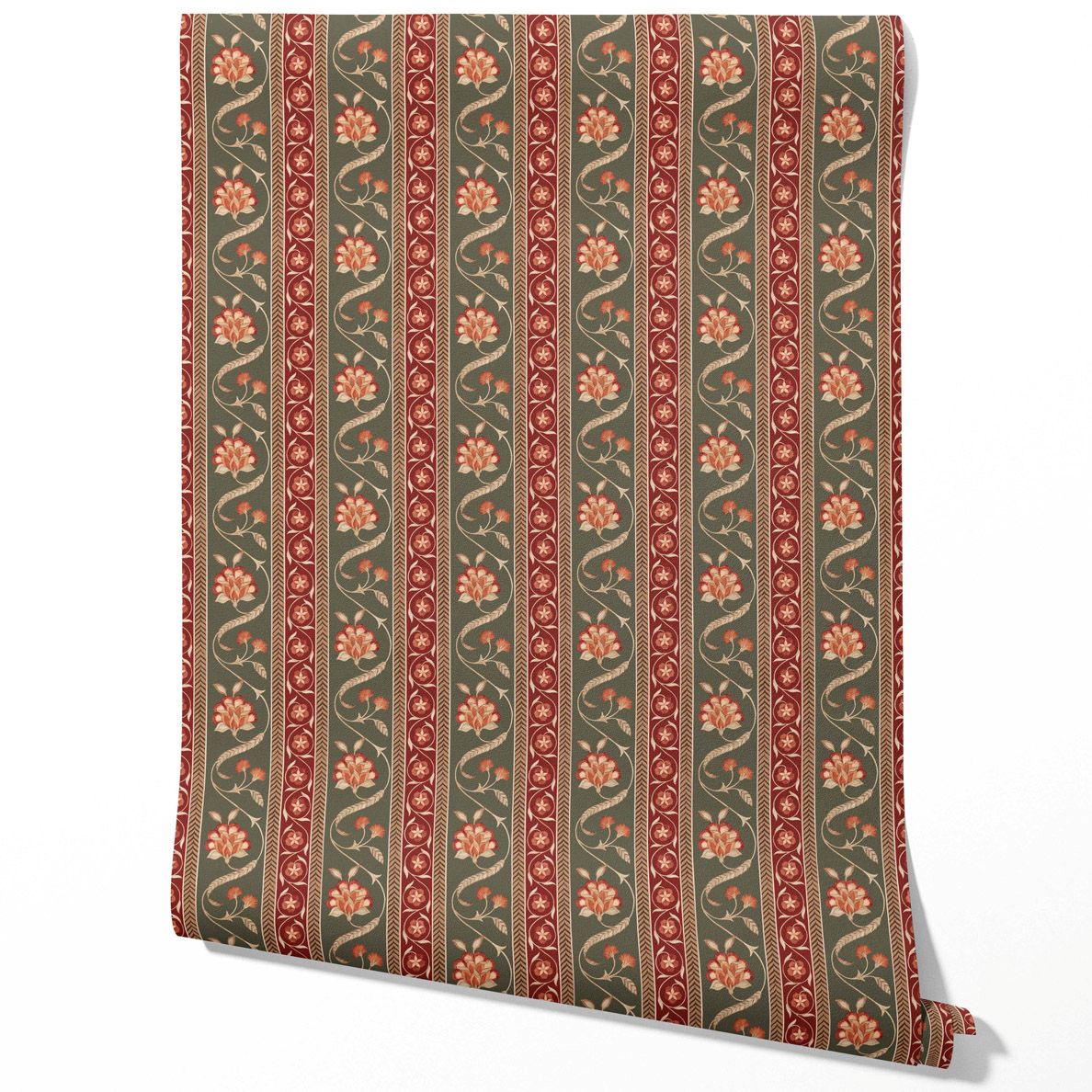 Floral Botanical Striped Traditional Wallpaper (Olive Green/ Red/ Maroon/ Beige)