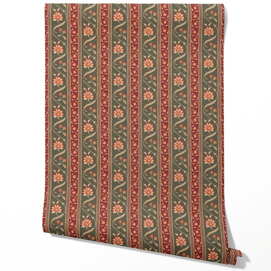 Floral Botanical Striped Traditional Wallpaper (Olive Green/ Red/ Maroon/ Beige)