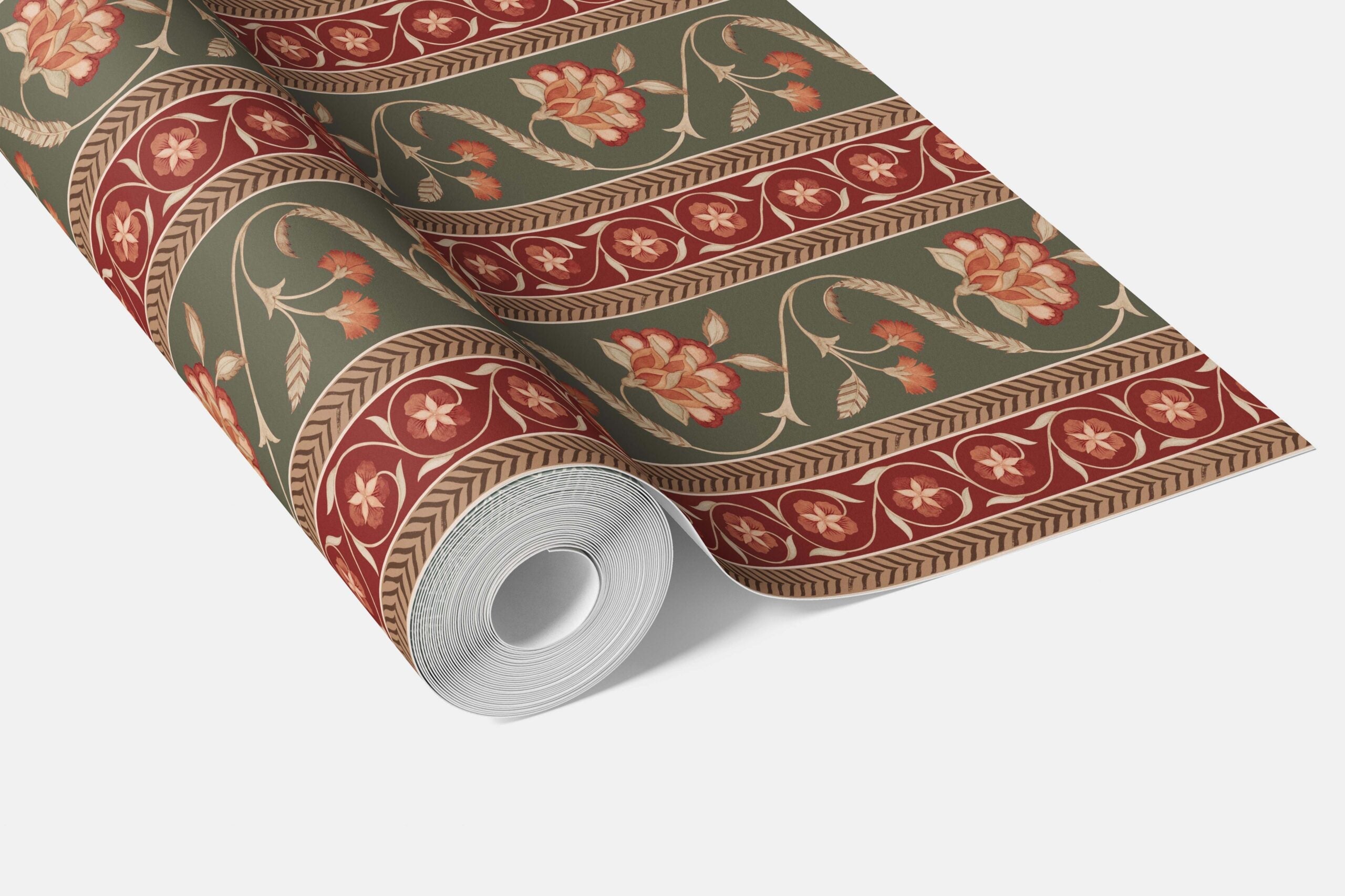 Floral Botanical Striped Bathroom Wallpaper Sample (Olive Green/ Red/ Maroon/ Beige)