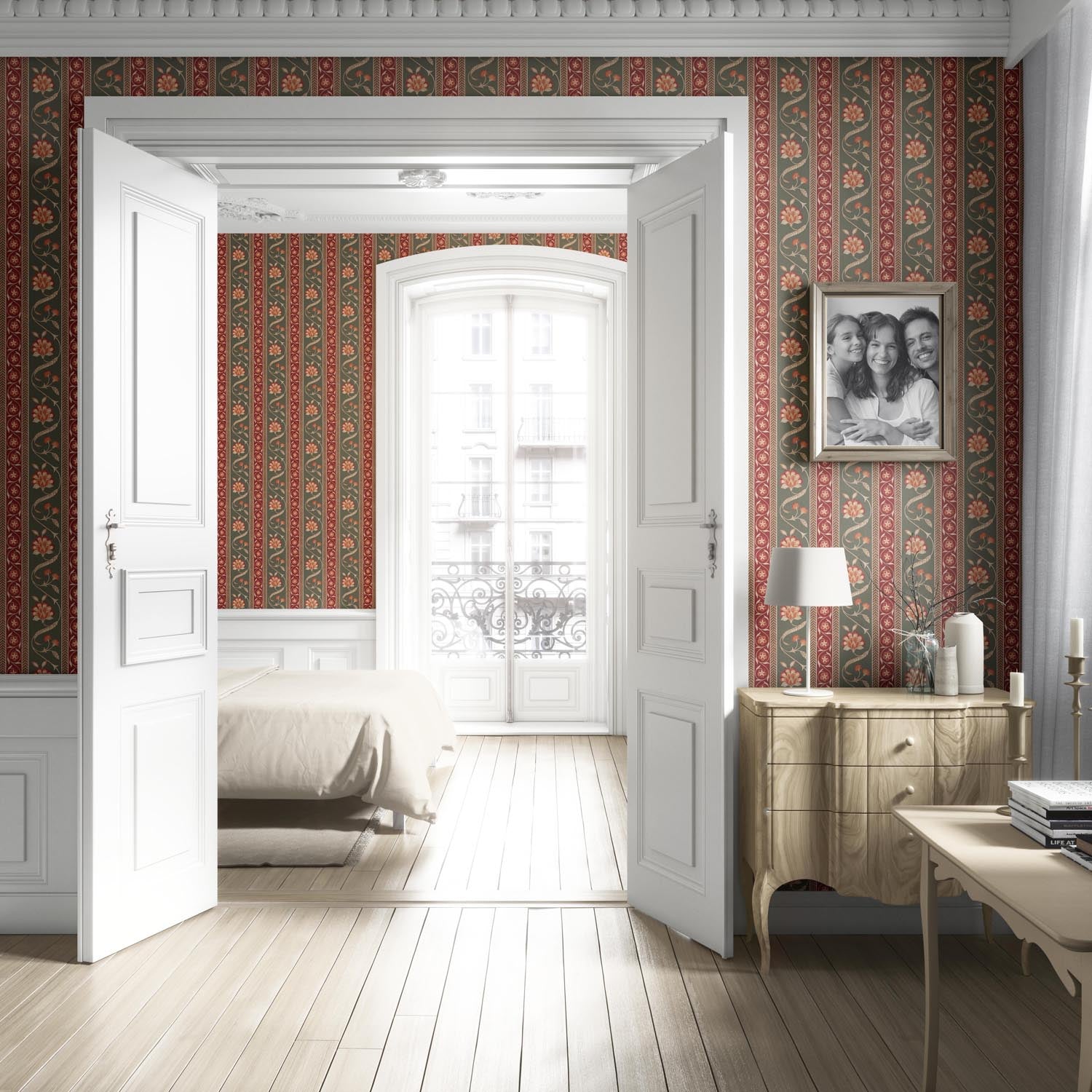 Floral Botanical Striped Living Room Wallpaper Sample (Olive Green/ Red/ Maroon/ Beige)