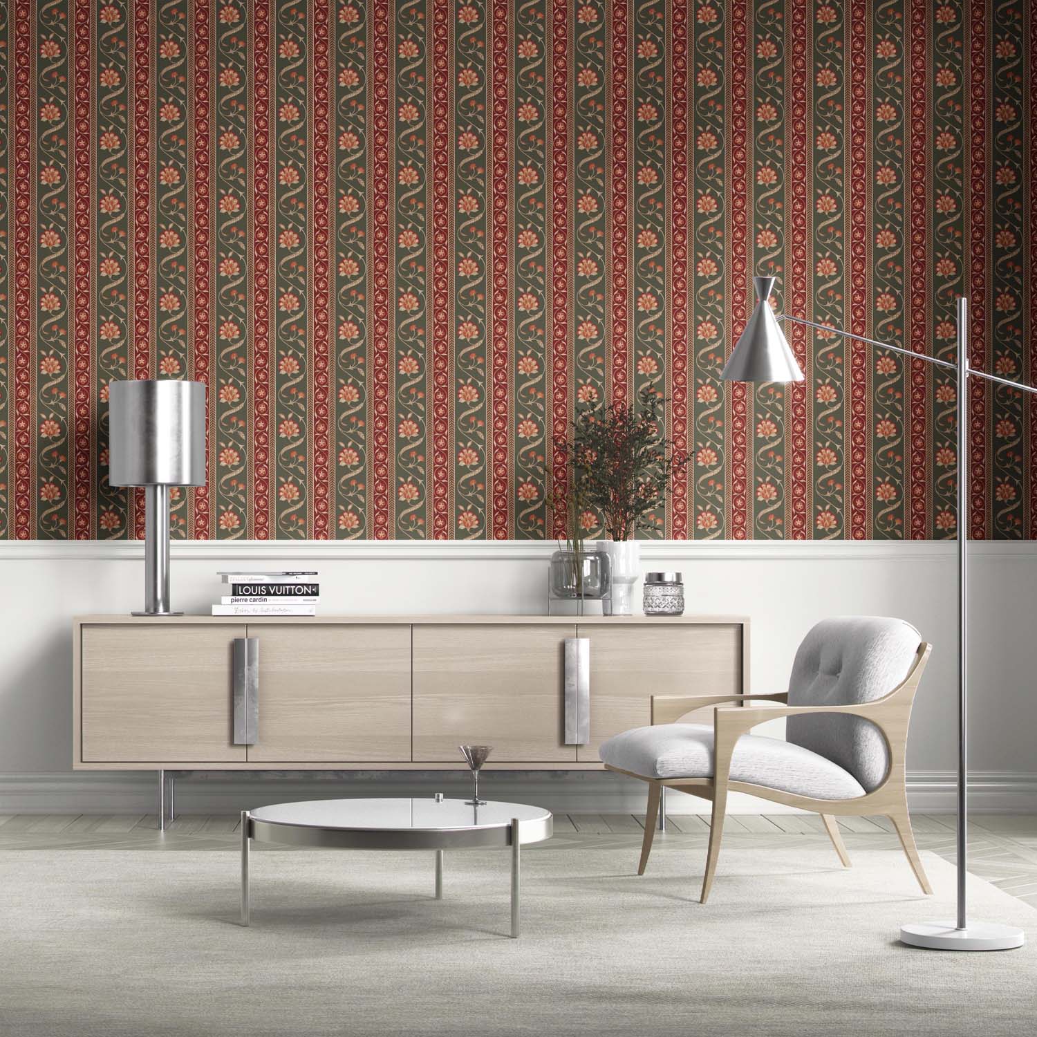 Floral Botanical Striped Nursery Wallpaper Sample (Olive Green/ Red/ Maroon/ Beige)