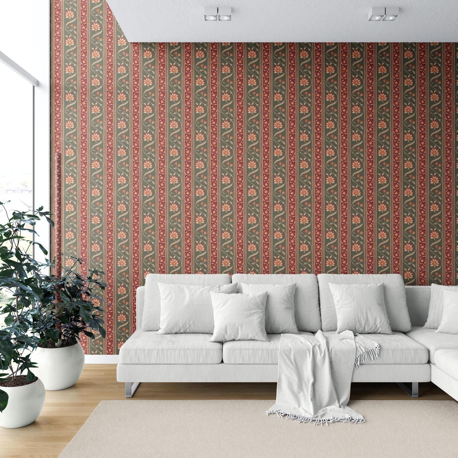 Floral Botanical Striped Shower Toilet Wallpaper Sample (Olive Green/ Red/ Maroon/ Beige)