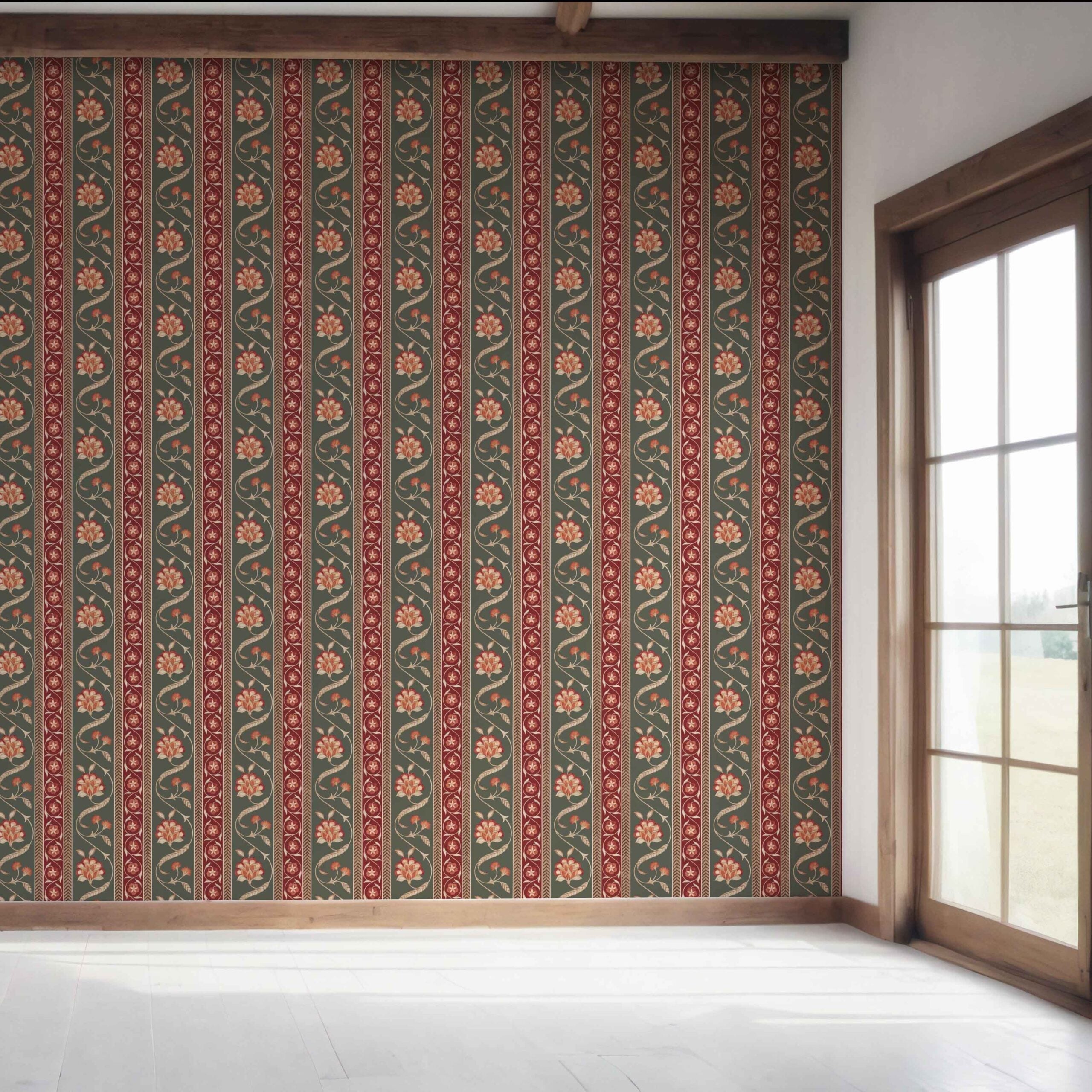 Floral Botanical Striped Bedroom Wallpaper Sample (Olive Green/ Red/ Maroon/ Beige)