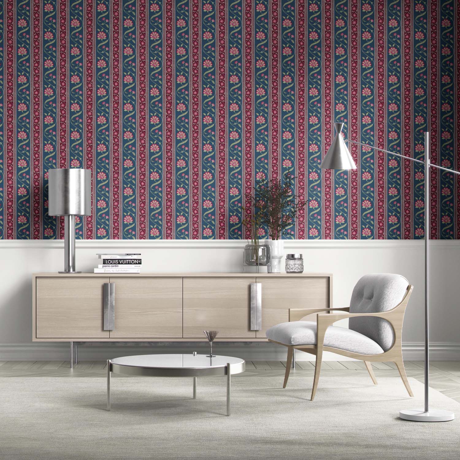 Floral Botanical Striped Kitchen Wallpaper (Teal Blue/ Pink/ Green)