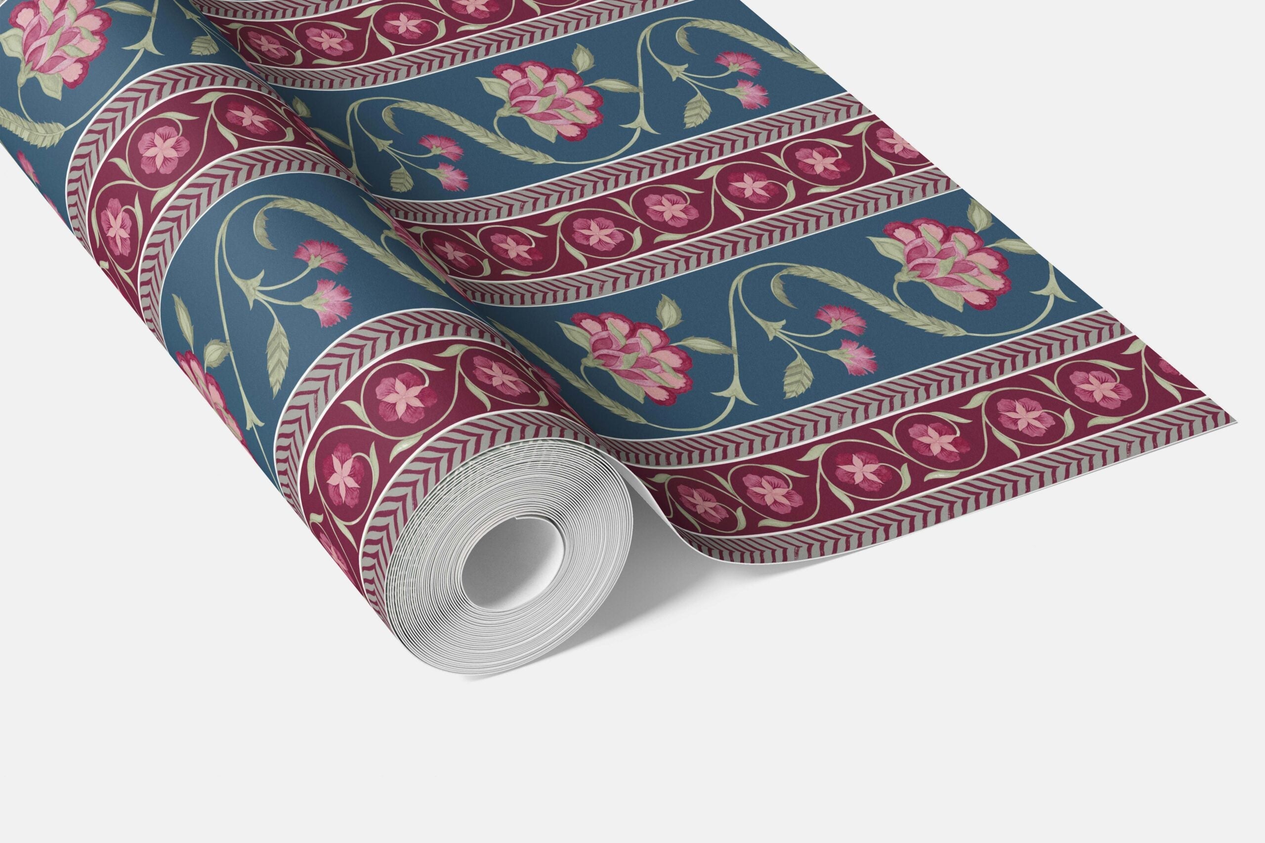 Floral Botanical Striped Bathroom Wallpaper (Teal Blue/ Pink/ Green)