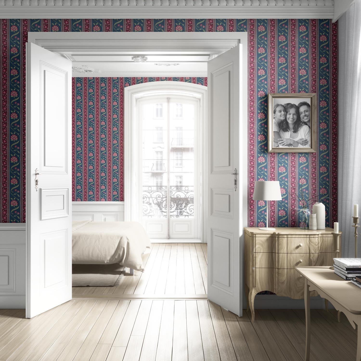Floral Botanical Striped Living Room Wallpaper (Teal Blue/ Pink/ Green)