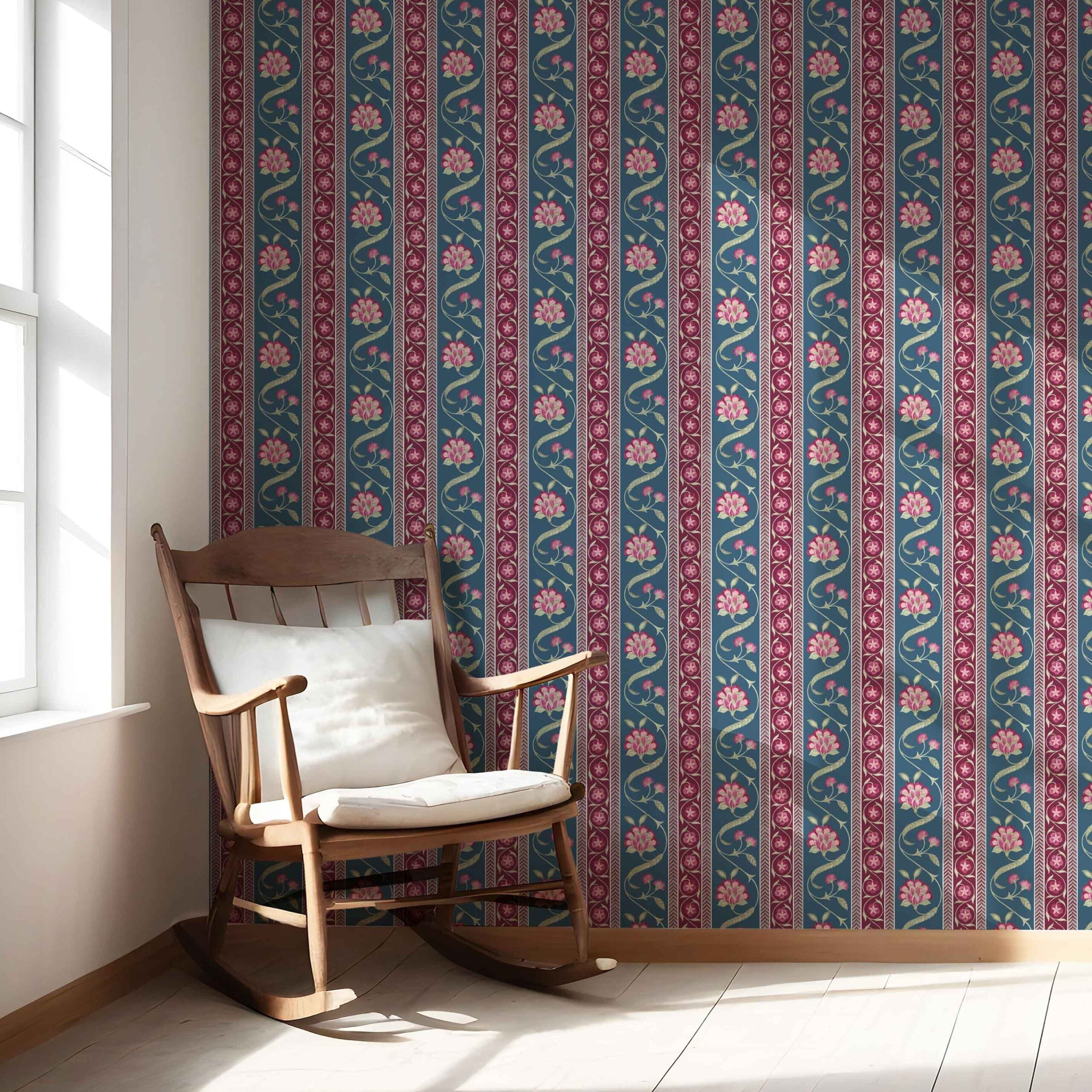 Floral Botanical Striped Nursery Wallpaper (Teal Blue/ Pink/ Green)
