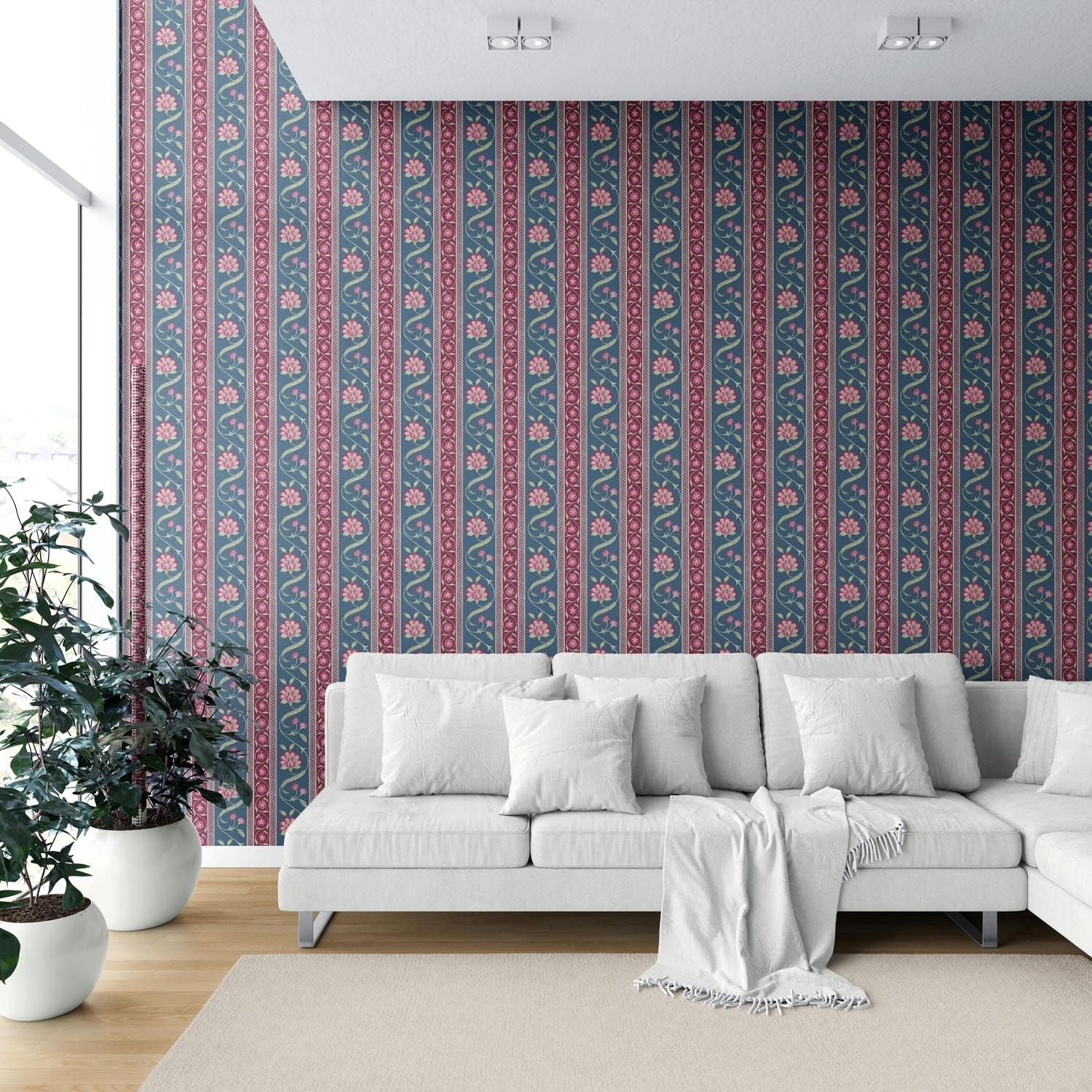 Floral Botanical Striped Shower Toilet Wallpaper (Teal Blue/ Pink/ Green)