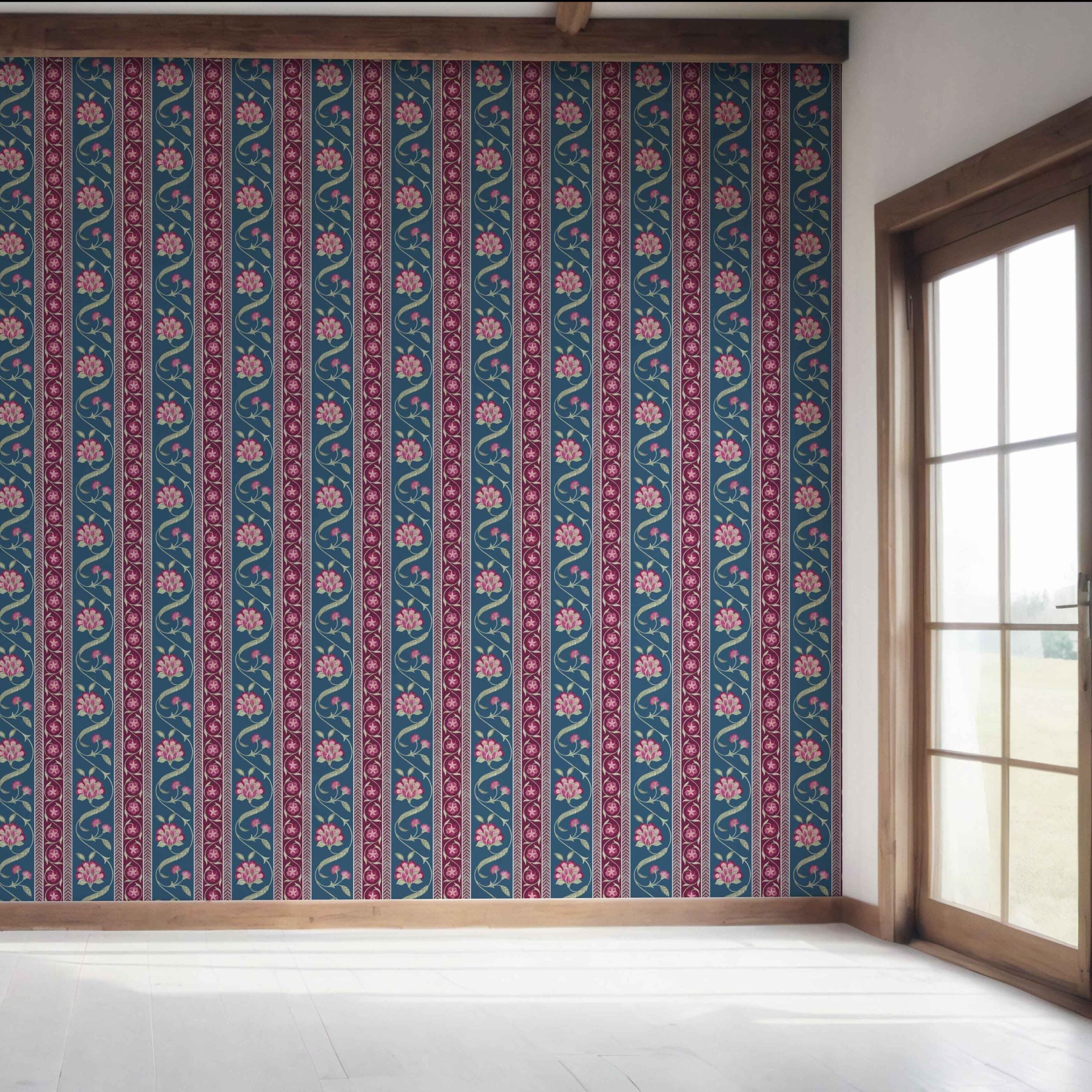 Floral Botanical Striped Bedroom Wallpaper Sample (Teal Blue/ Pink/ Green)