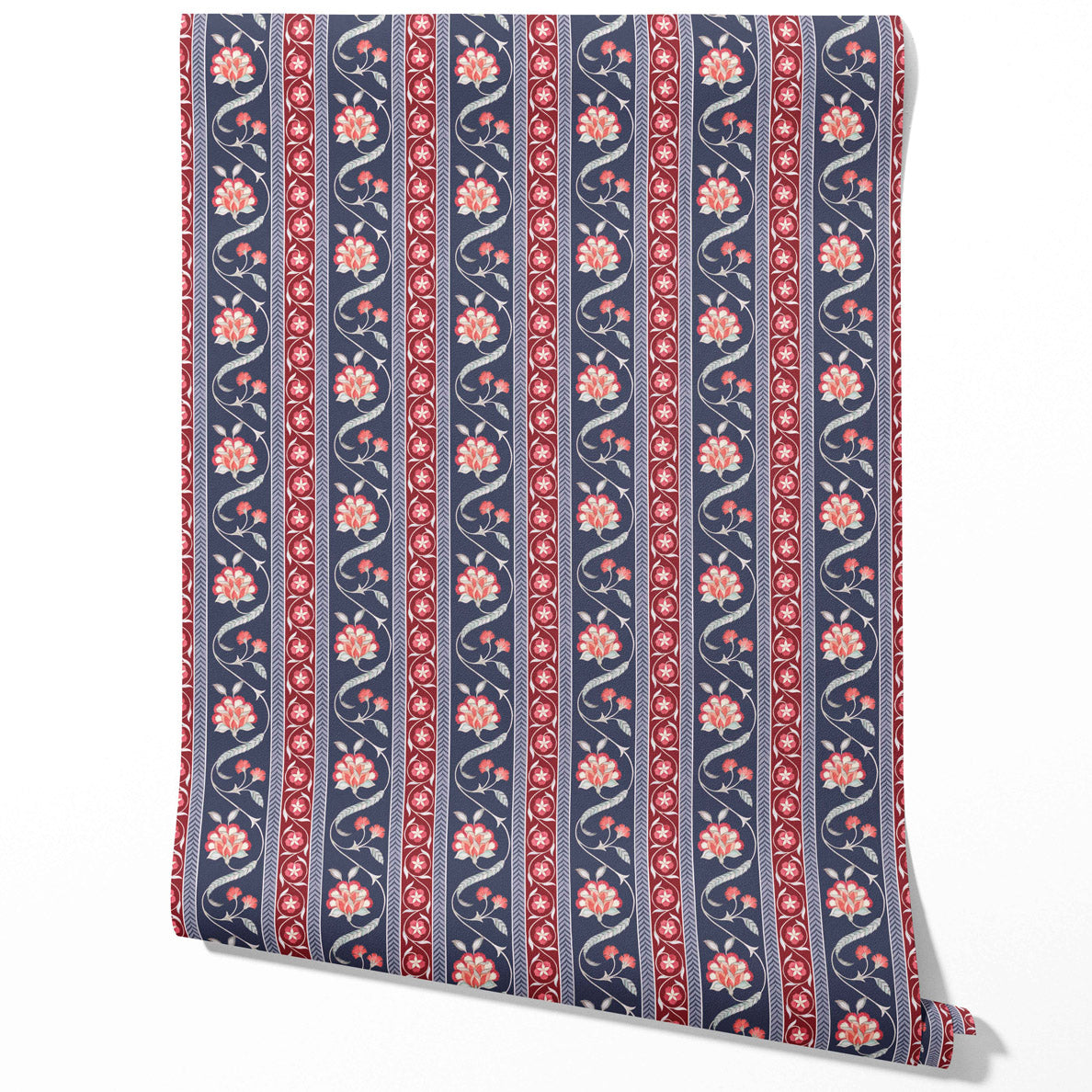 Floral Botanical Striped Traditional Wallpaper Sample (Navy Blue/ Red/ Gray)
