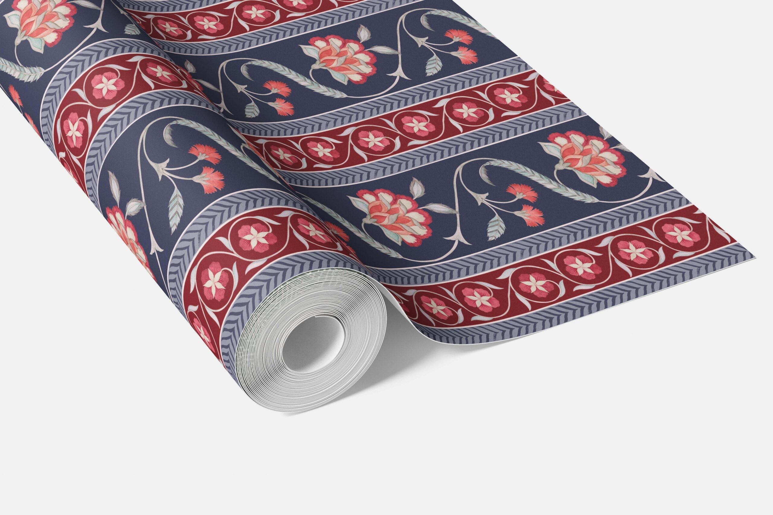 Floral Botanical Striped Bathroom Wallpaper (Navy Blue/ Red/ Gray)