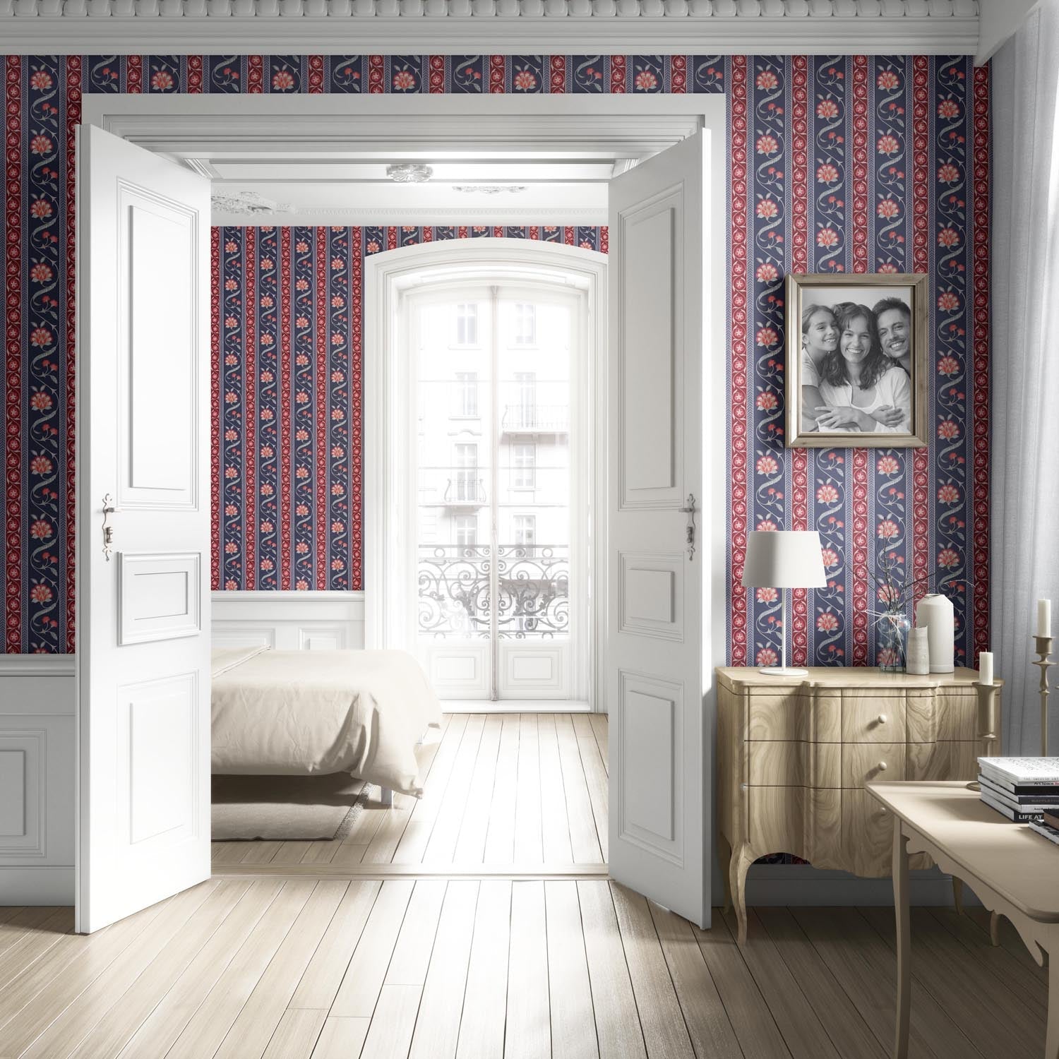 Floral Botanical Striped Living Room Wallpaper (Navy Blue/ Red/ Gray)
