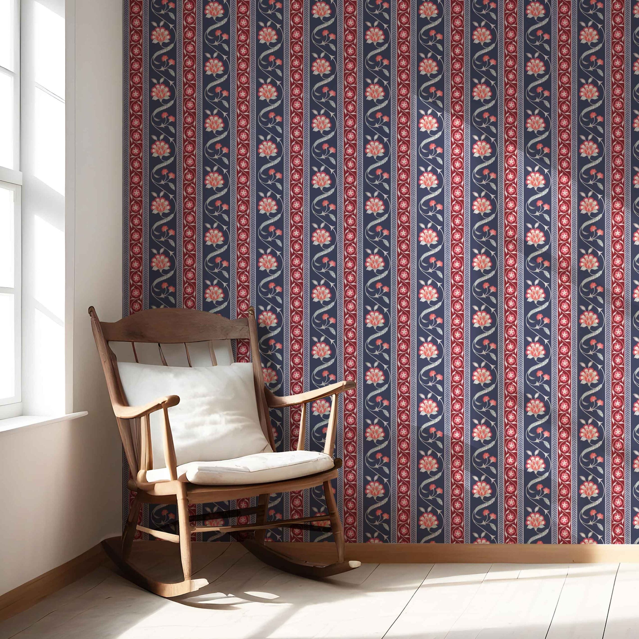 Floral Botanical Striped Nursery Wallpaper (Navy Blue/ Red/ Gray)