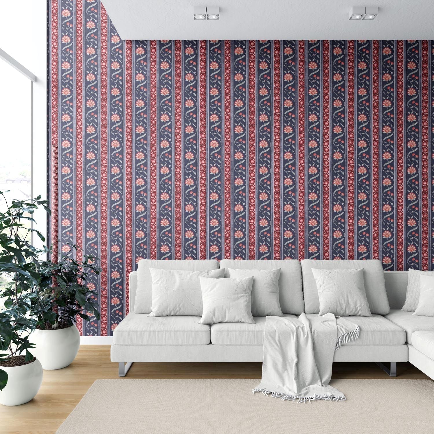 Floral Botanical Striped Shower Toilet Wallpaper (Navy Blue/ Red/ Gray)