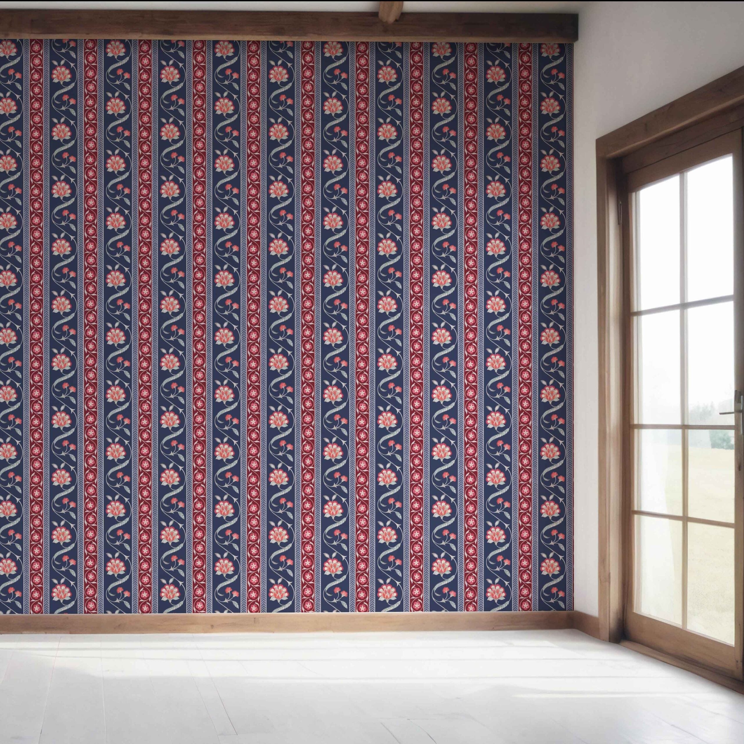 Floral Botanical Striped Bedroom Wallpaper (Navy Blue/ Red/ Gray)