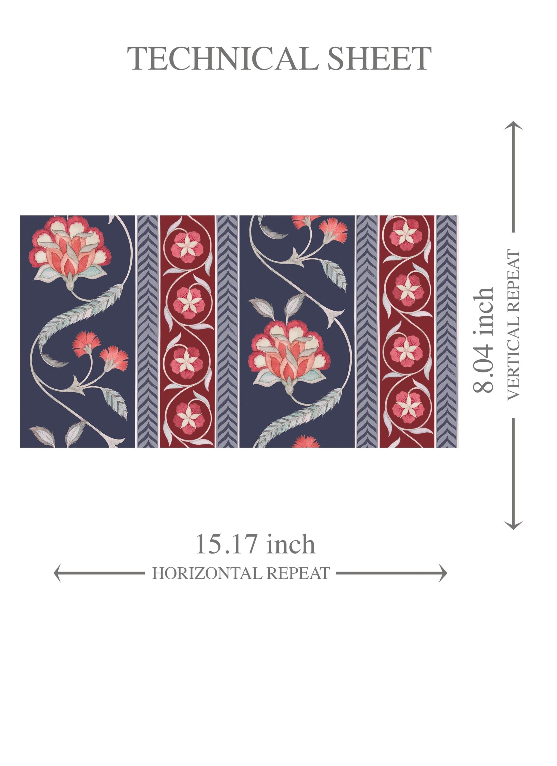 Floral Botanical Striped Kids Room Wallpaper Sample (Navy Blue/ Red/ Gray)