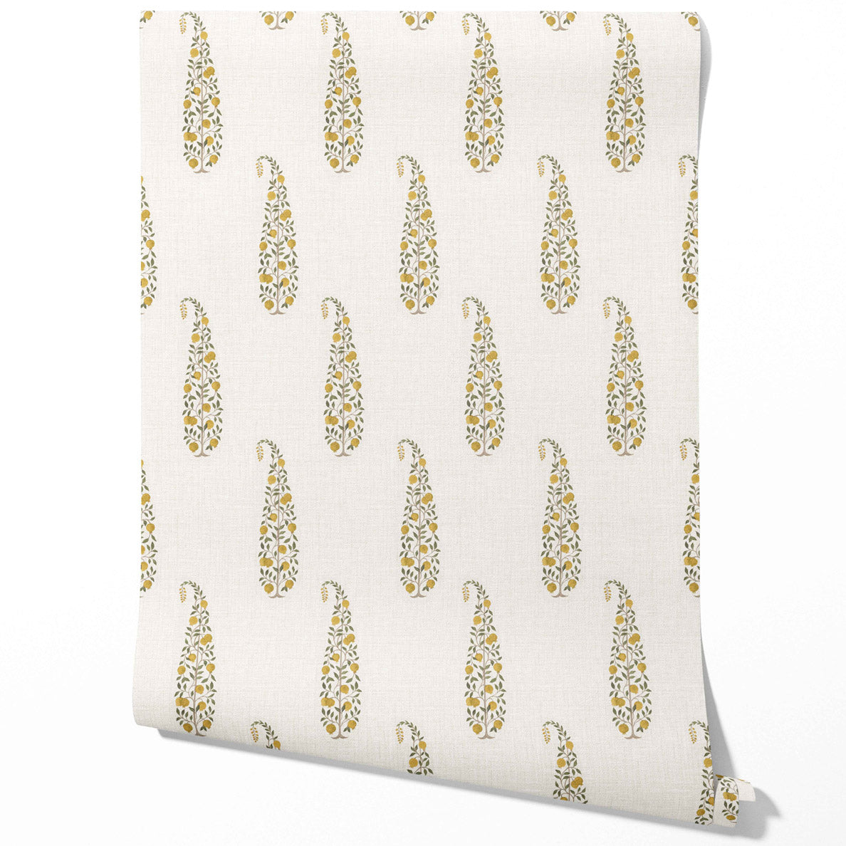 Ethnic/ Vintage-Inspired Floral Paisley Traditional Wallpaper Sample (Yellow/ Green/ Off-White)