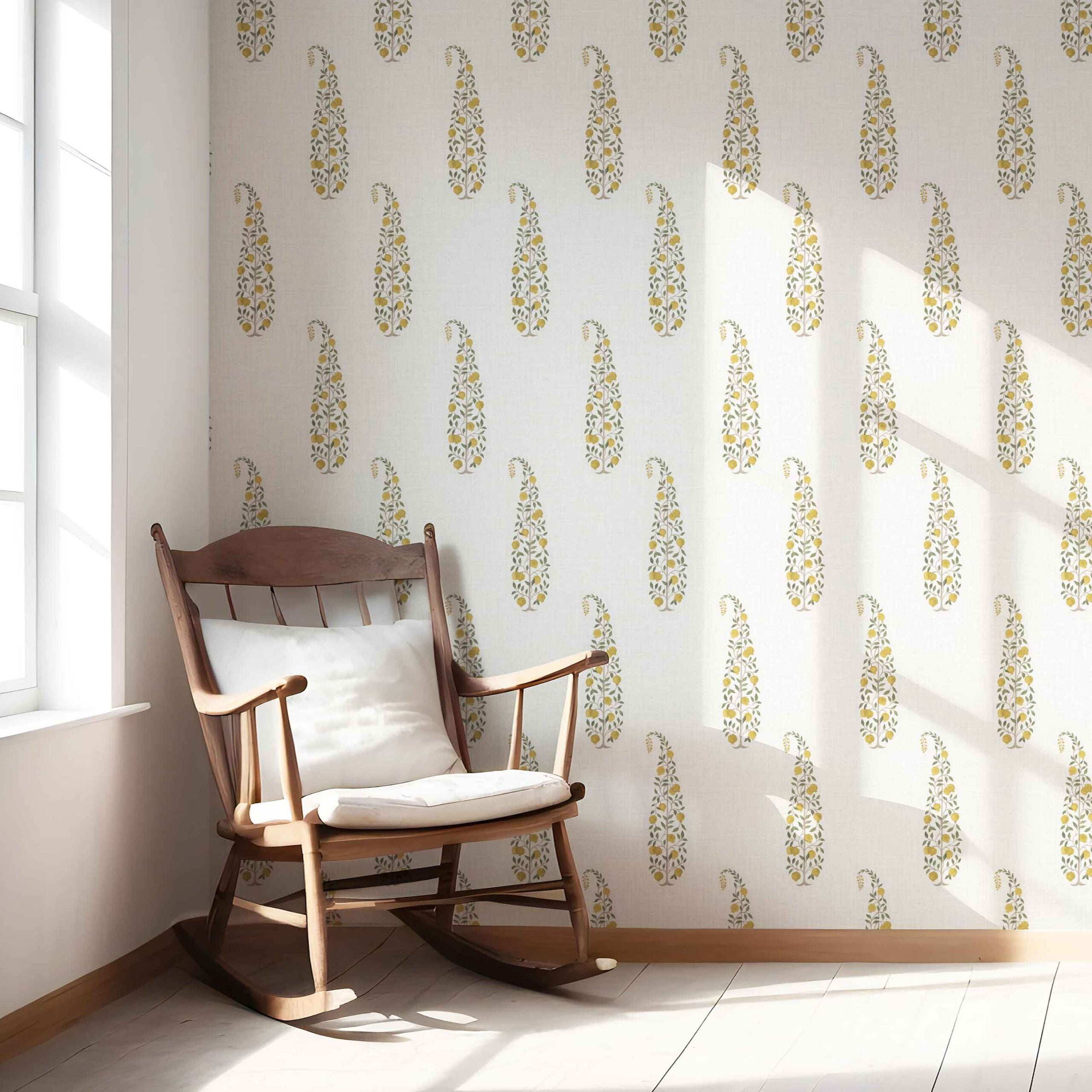 Ethnic/ Vintage-Inspired Floral Paisley Kitchen Wallpaper (Yellow/ Green/ Off-White)