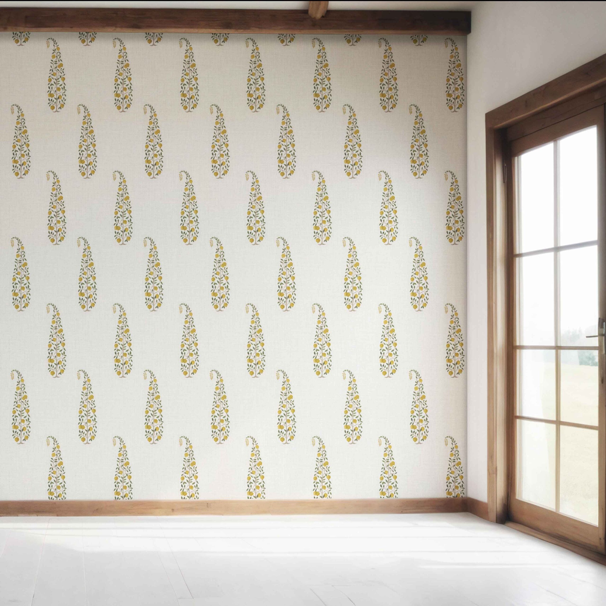 Ethnic/ Vintage-Inspired Floral Paisley Bedroom Wallpaper (Yellow/ Green/ Off-White)