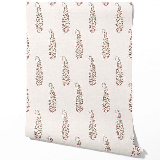 Ethnic/ Vintage-Inspired Floral Paisley Traditional Wallpaper (Pink/ Green/ Off-White)