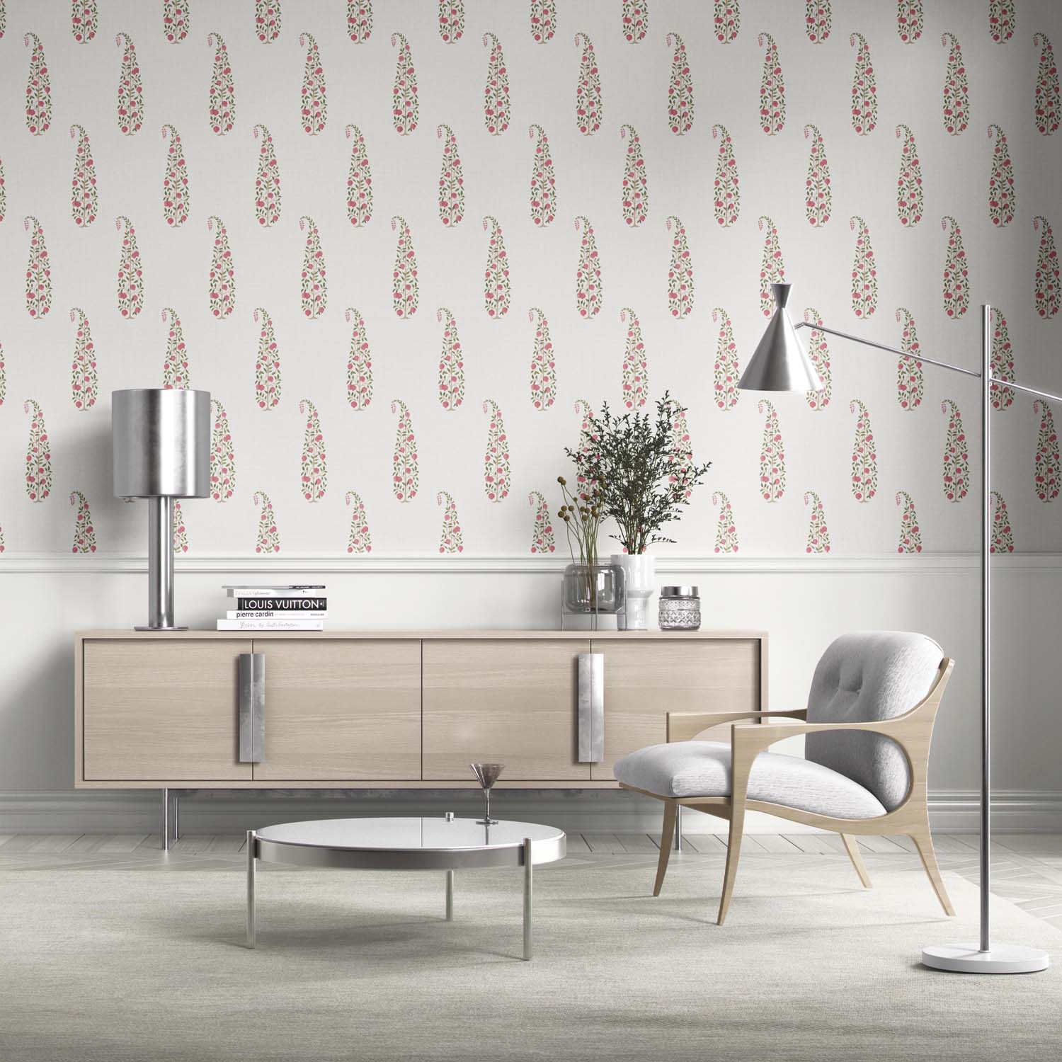 Ethnic/ Vintage-Inspired Floral Paisley Living Room Wallpaper Sample (Pink/ Green/ Off-White)