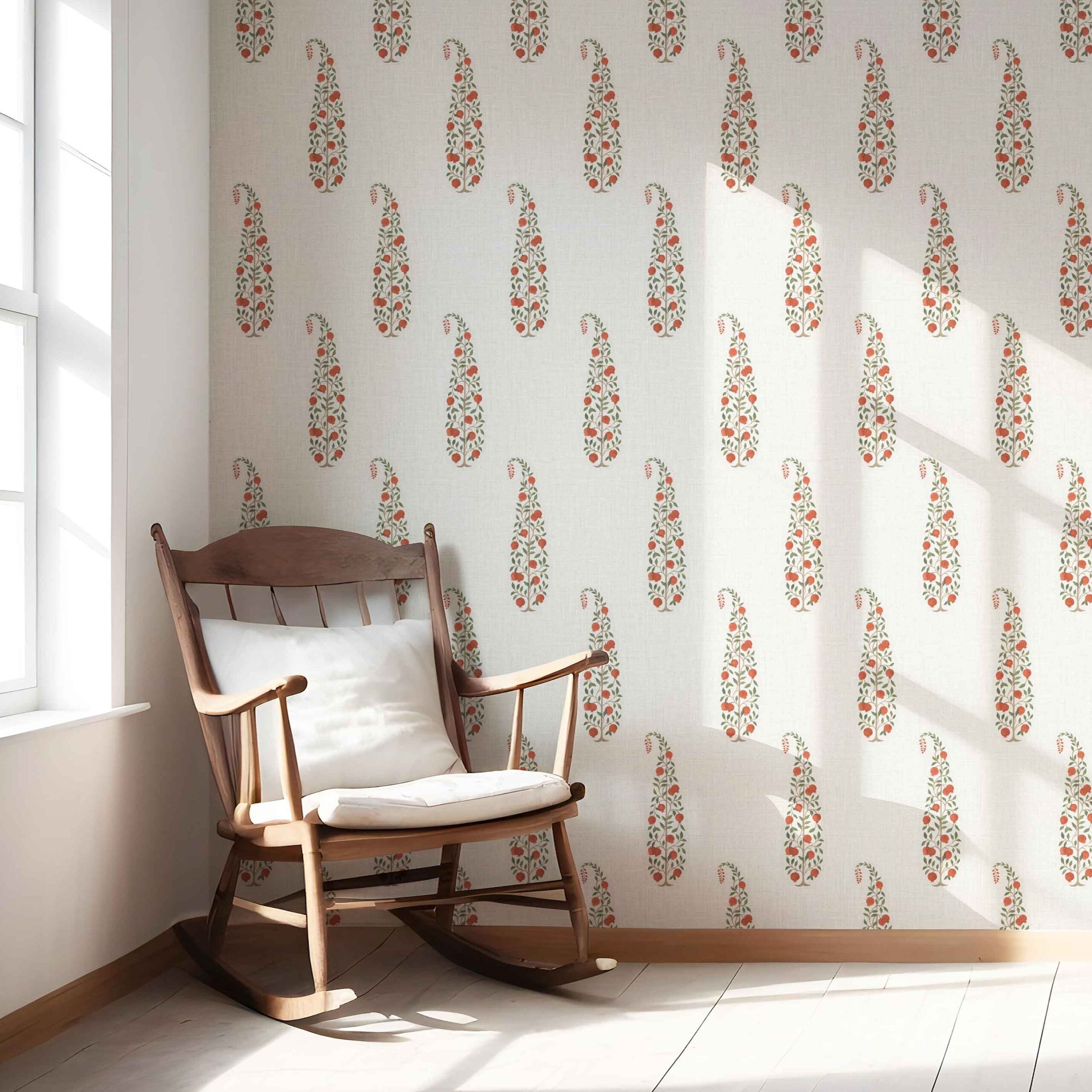 Ethnic/ Vintage-Inspired Floral Paisley Kitchen Wallpaper Sample (Red/ Green/ Off-White)